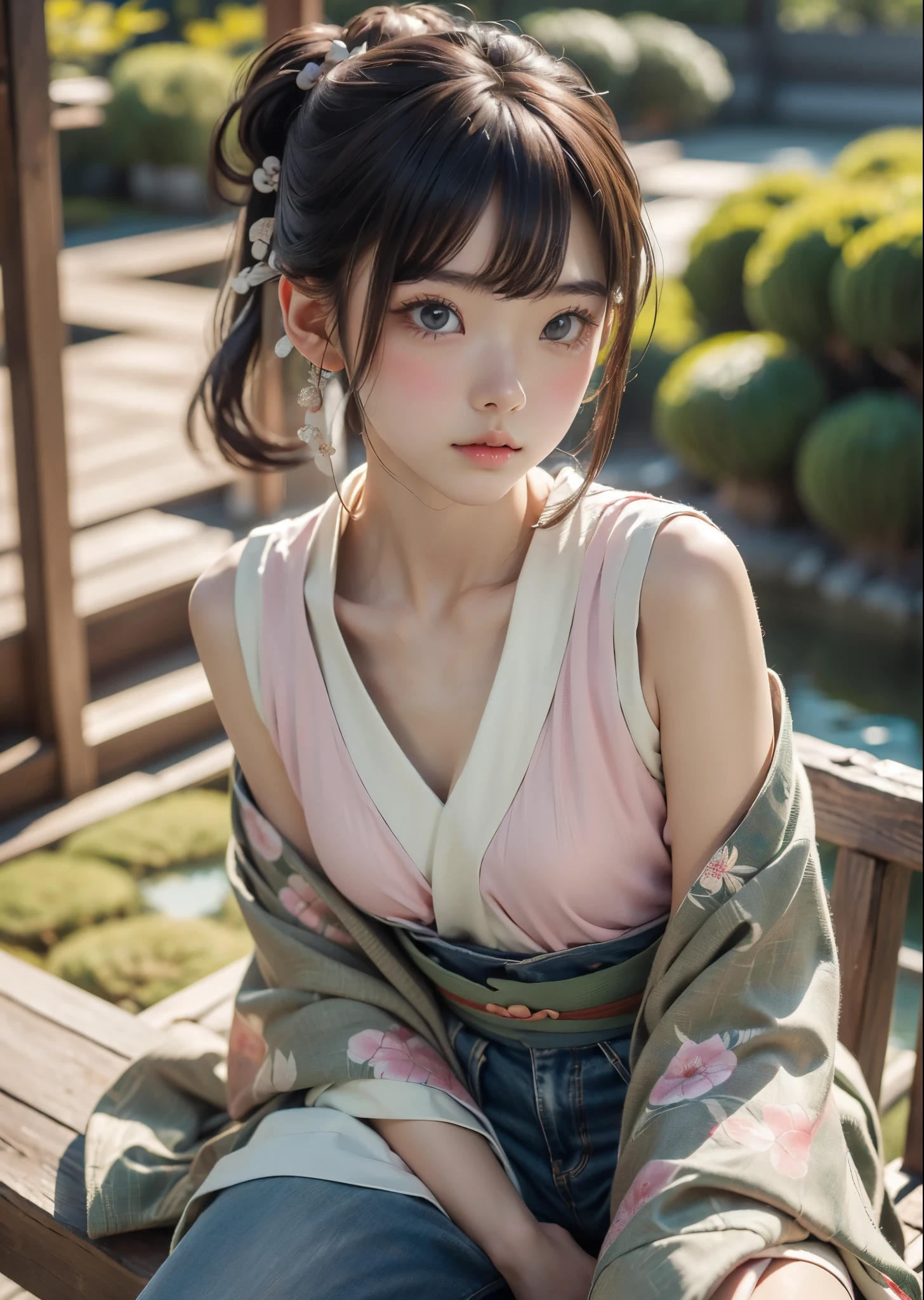 (masterpiece, highest quality, highest quality, Official Art, beautifully、aesthetic:1.2)、 (1 beautiful Japanese girl)、In a palm tree hammock、（Pink and green floral shirt）、Denim shorts、Big brown eyes、Beautiful skin、A little embarrassing、（Updo with bangs）、hair ornaments、Very detailed,(In the Japanese garden:1.3)、Cinematic lighting、Sharp focus、High resolution、High resolution、High color rendering、High resolution、Super realistic、