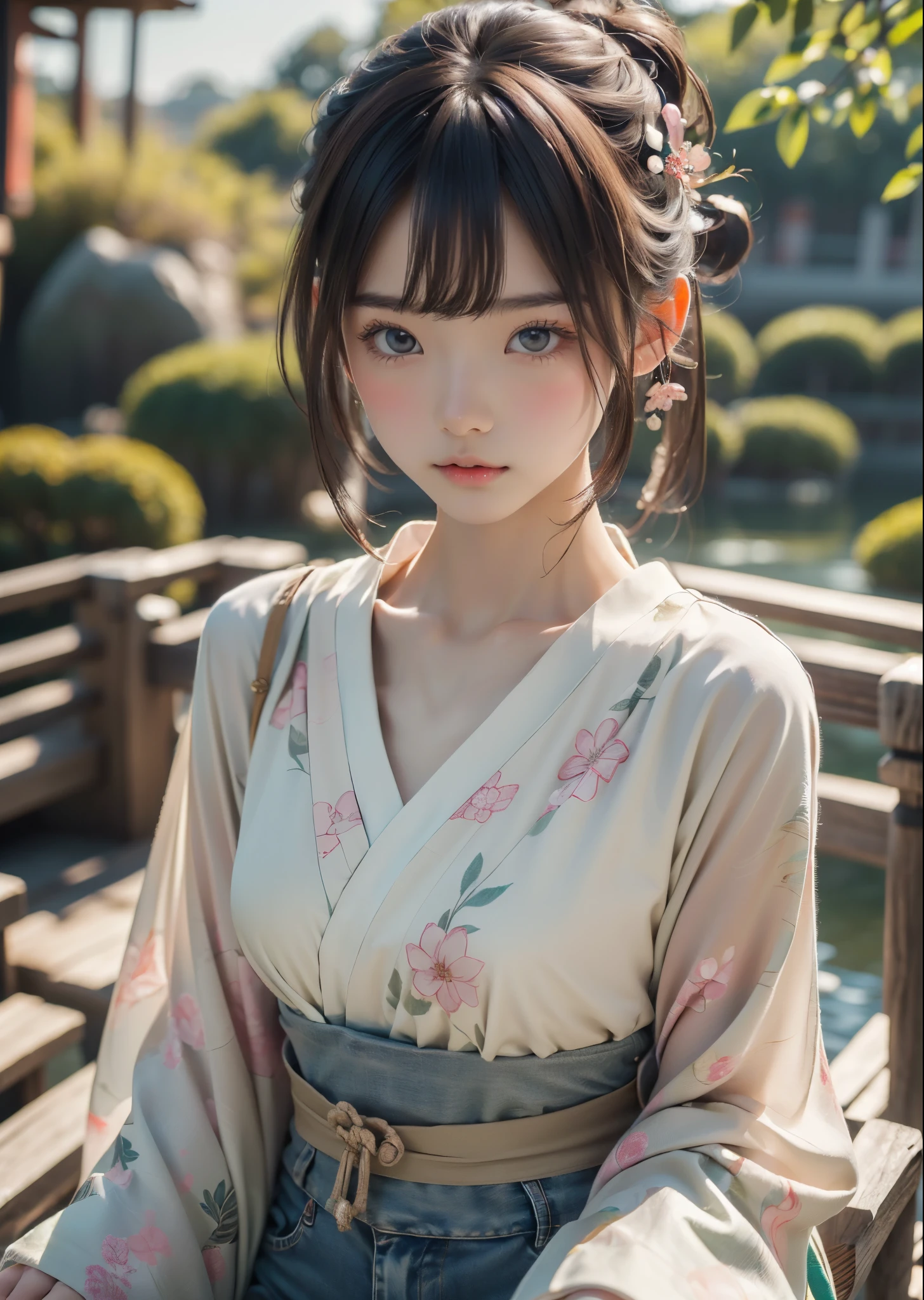 (masterpiece, highest quality, highest quality, Official Art, beautifully、aesthetic:1.2)、 (1 beautiful Japanese girl)、In a palm tree hammock、（Pink and green floral shirt）、Denim shorts、Big brown eyes、Beautiful skin、A little embarrassing、（Updo with bangs）、hair ornaments、Very detailed,(In the Japanese garden:1.3)、Cinematic lighting、Sharp focus、High resolution、High resolution、High color rendering、High resolution、Super realistic、