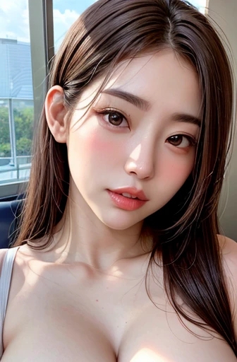 panoramic,8K Masterpiece, best quality, portrait, solitary, 1 girl, looking at the audience, Young woman, (Korean beauty, Korean mixed-race:1.3), long hair, (Huge breasts:1.2,Nipple protrusion:1:9),Not wearing any clothes内衣,Not wearing any clothes, A faint smile, White background, (There is light on the face), Delicate skin, Facial details,