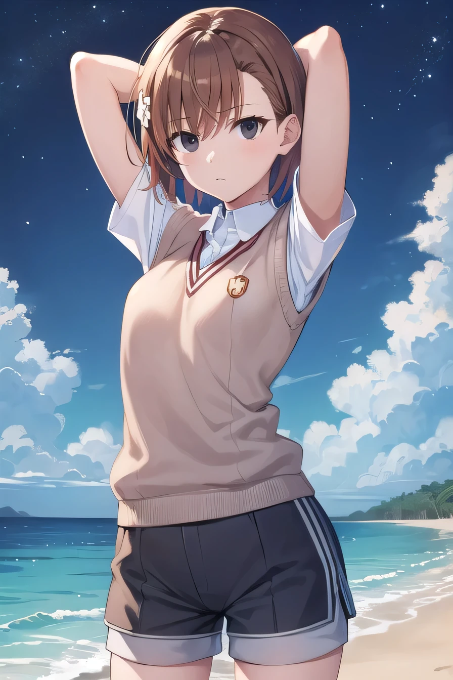 short hair, brown hair, black eyes, empty eyes, sweater vest, shirt, shorts, white shirt, pleated shorts, v-neck, short sleeves, tokiwadai , misaka imouto, solo, night sky, beach, arms behind head, contrapposto, spread armpits, closed mouth, (cowboy shot:1.5), looking at viewer, best quality,