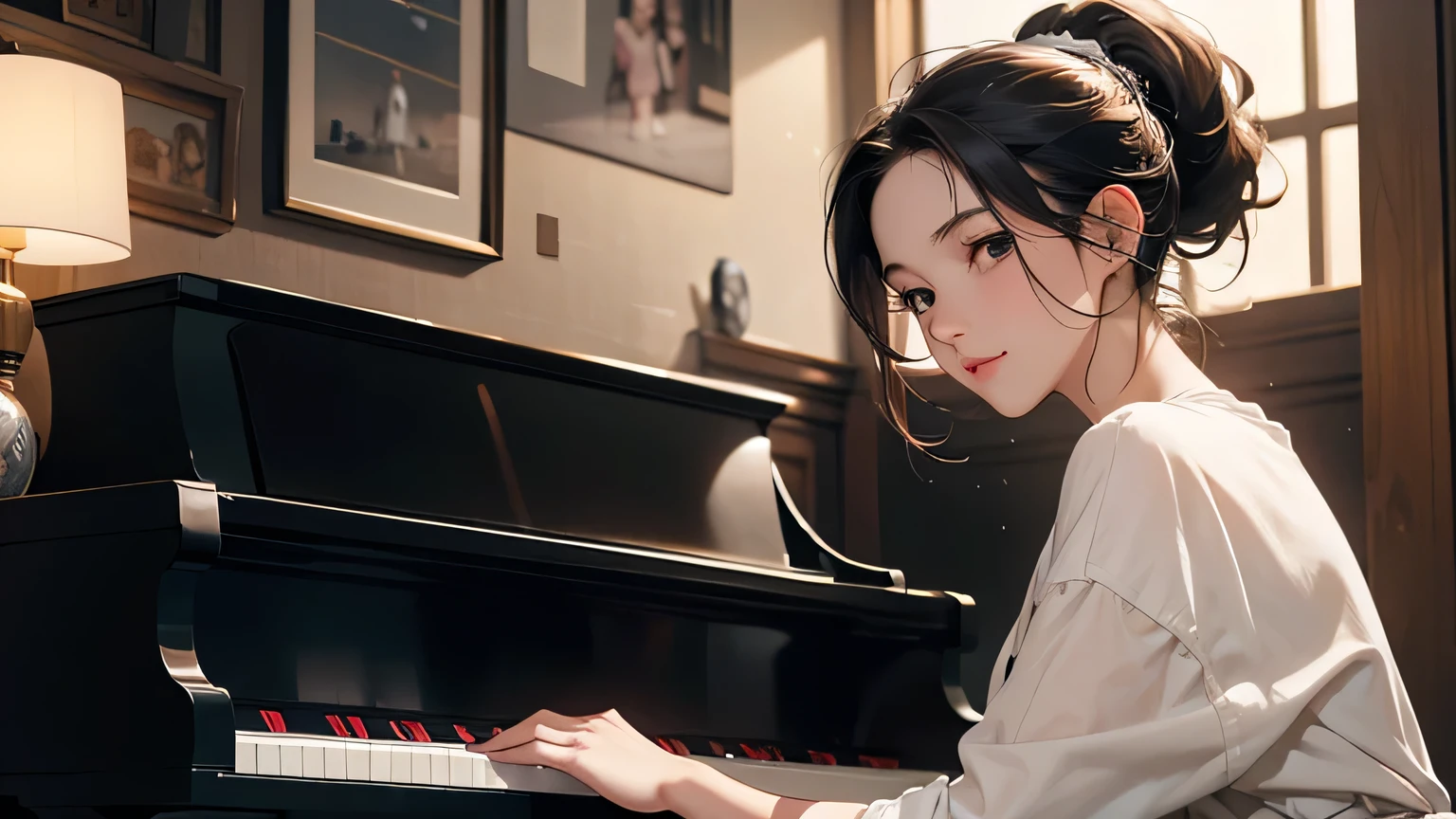 One Girl, Top Quality, Masterpiece, Ultra High Resolution, (Photorealistic:1.4), RAW Photos, One Girl, Hairstyle Ponytail, "Moment of Love" In a small town cafe, two strangers meet at the same time every day, exchanging brief glances and shy smiles. He is a writer who seeks inspiration, while she is a pianist who finds solace on the piano keys. As the days go by, both dare to exchange a few words, discovering that they share a passion for stories and music. Through their short but meaningful conversations, they realize that they were looking for the same thing. : A true connection in everyday life. In the afternoon, with a light rain falling outside, they decide to share a special moment, where the piano melody mixes with the writer's words, creating an unforgettable moment of magic and complicity for both of them. As the days go by, the meeting at the cafe becomes a pleasant routine for both of them. She, with a certain melody, and the, their story that seems to be more and more with the recipient in mind. However, time doesn't stop and both begin to feel the desire to explore beyond the four walls of the cafe.. In the afternoon, she invites the writer to a concert where she performs as a solo pianist. . He accepts with enthusiasm and, between the notes of his music, discovers a new side. The intensity of his performance exposes emotions that until now were only glimpsed in fleeting conversations. .. After the concert, they walk together through the wet streets of the city, sharing their dreams and hopes under the light of the street lamps. They realize that they have found something in each other that is more than just a relationship. They meet, something that awakens in them a desire to build a future together, full of music, words and, above all, love. As their bond grows stronger, the writer finds in the pianist the muse he has been looking for. Every smile shared, every intelligent look, becomes the inspiration for a new story.