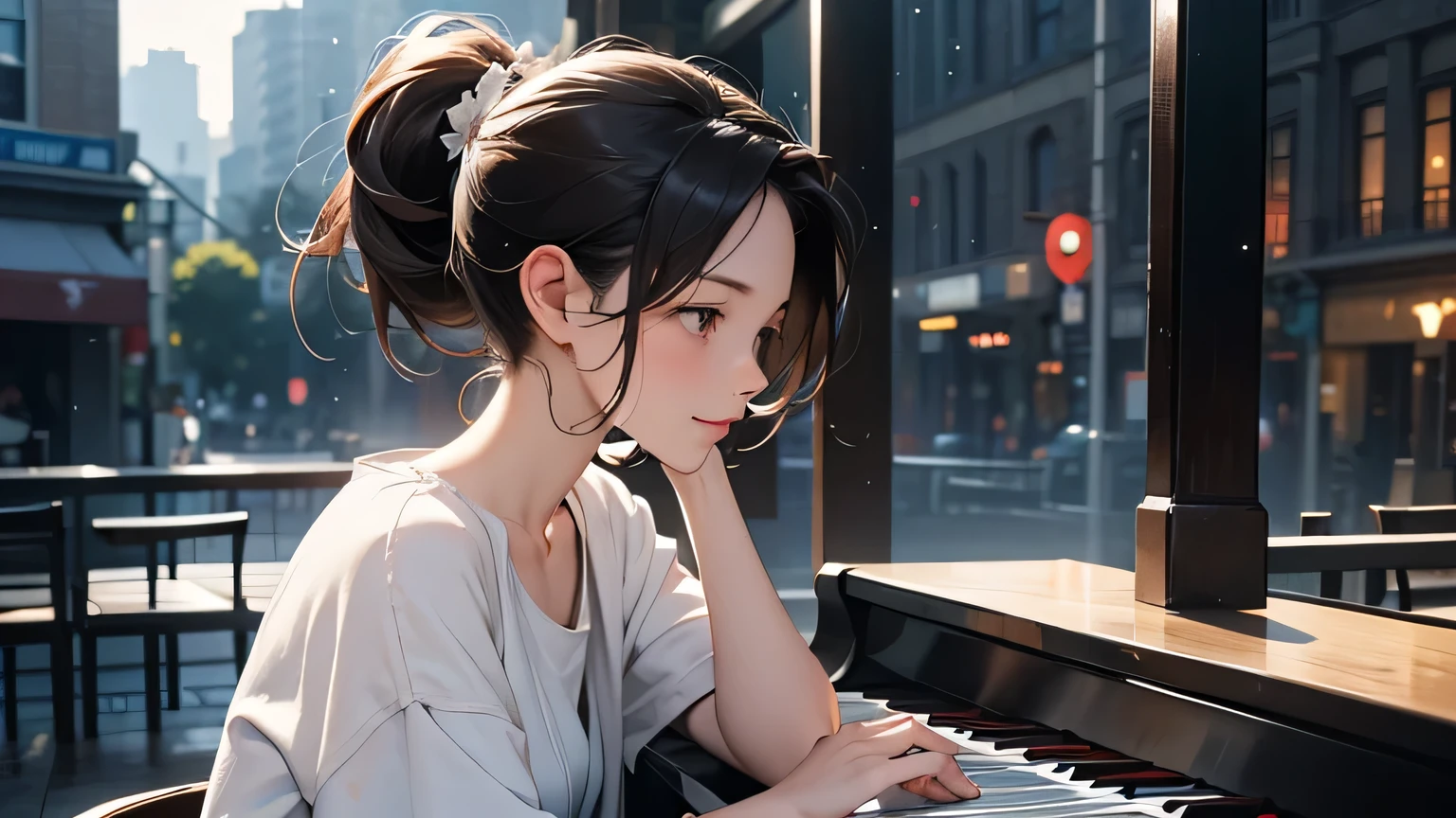 One Girl, Top Quality, Masterpiece, Ultra High Resolution, (Photorealistic:1.4), RAW Photos, One Girl, Hairstyle Ponytail, "Moment of Love" In a small town cafe, two strangers meet at the same time every day, exchanging brief glances and shy smiles. He is a writer who seeks inspiration, while she is a pianist who finds solace on the piano keys. As the days go by, both dare to exchange a few words, discovering that they share a passion for stories and music. Through their short but meaningful conversations, they realize that they were looking for the same thing. : A true connection in everyday life. In the afternoon, with a light rain falling outside, they decide to share a special moment, where the piano melody mixes with the writer's words, creating an unforgettable moment of magic and complicity for both of them. As the days go by, the meeting at the cafe becomes a pleasant routine for both of them. She, with a certain melody, and the, their story that seems to be more and more with the recipient in mind. However, time doesn't stop and both begin to feel the desire to explore beyond the four walls of the cafe.. In the afternoon, she invites the writer to a concert where she performs as a solo pianist. . He accepts with enthusiasm and, between the notes of his music, discovers a new side. The intensity of his performance exposes emotions that until now were only glimpsed in fleeting conversations. .. After the concert, they walk together through the wet streets of the city, sharing their dreams and hopes under the light of the street lamps. They realize that they have found something in each other that is more than just a relationship. They meet, something that awakens in them a desire to build a future together, full of music, words and, above all, love. As their bond grows stronger, the writer finds in the pianist the muse he has been looking for. Every smile shared, every intelligent look, becomes the inspiration for a new story.