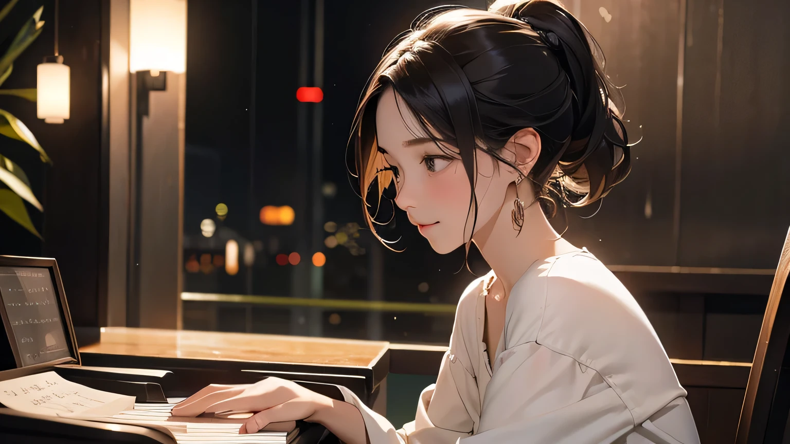 One Girl, Top Quality, Masterpiece, Ultra High Resolution, (Photorealistic:1.4), RAW Photos, One Girl, Hairstyle Ponytail, "Moment of Love" In a small town cafe, two strangers meet at the same time every day, exchanging brief glances and shy smiles. He is a writer who seeks inspiration, while she is a pianist who finds solace on the piano keys. As the days go by, both dare to exchange a few words, discovering that they share a passion for stories and music. Through their short but meaningful conversations, they realize that they were looking for the same thing. : A true connection in everyday life. In the afternoon, with a light rain falling outside, they decide to share a special moment, where the piano melody mixes with the writer's words, creating an unforgettable moment of magic and complicity for both of them. As the days go by, the meeting at the cafe becomes a pleasant routine for both of them. She, with a certain melody, and the, their story that seems to be more and more with the recipient in mind. However, time doesn't stop and both begin to feel the desire to explore beyond the four walls of the cafe.. In the afternoon, she invites the writer to a concert where she performs as a solo pianist. . He accepts with enthusiasm and, between the notes of his music, discovers a new side. The intensity of his performance exposes emotions that until now were only glimpsed in fleeting conversations. .. After the concert, they walk together through the wet streets of the city, sharing their dreams and hopes under the light of the street lamps. They realize that they have found something in each other that is more than just a relationship. They meet, something that awakens in them a desire to build a future together, full of music, words and, above all, love. As their bond grows stronger, the writer finds in the pianist the muse he has been looking for. Every smile shared, every intelligent look, becomes the inspiration for a new story.