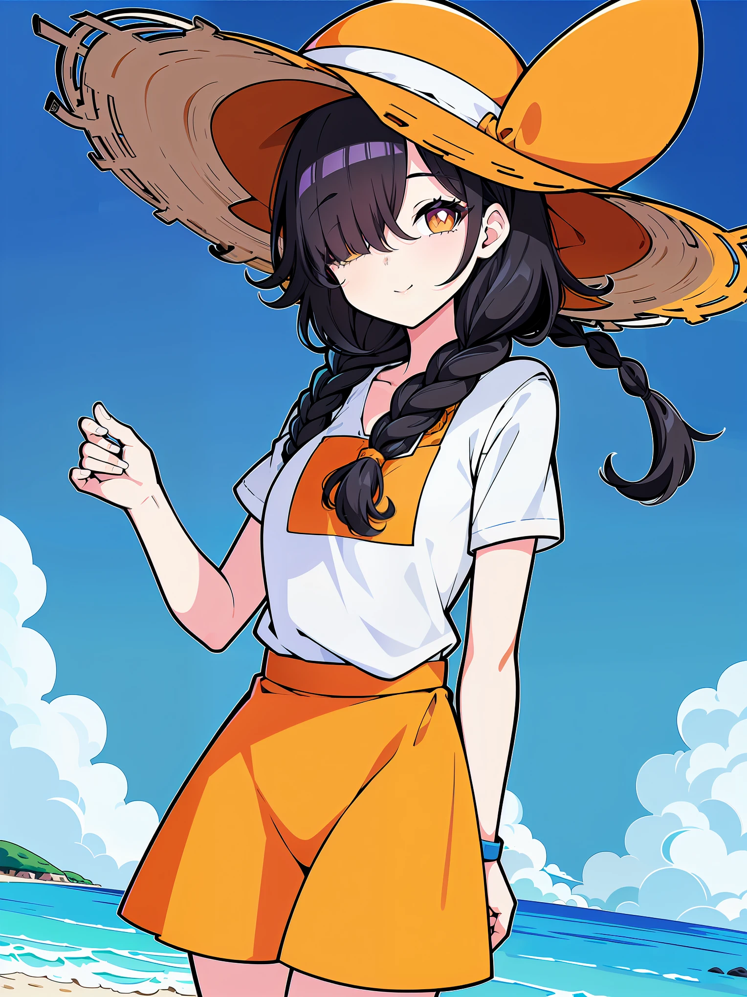 (cowboy shot), (colorful:1.1), (ultra-high resolution, depth of field:1.2), fortnite, (Erisa), (1woman), (adult), in her 20s, (small breasts), (black hair:1.2), short hair, (hair over one eye:1.2), (one braid:1.2), bangs, (orange eyes), sunhat, white shirt, (white shirt hangover:1.1), comfy blue short, beach scenery