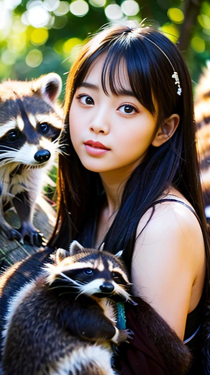 (Raw photo:1.2)、Dazzling sunlight,(highest quality:1.5),(Precision:1.5),(High resolution:1.5),(8k),(Japanese:1.7),(A beautiful girl gazing at a raccoon:1.5),Animals gather around one girl:1.5)