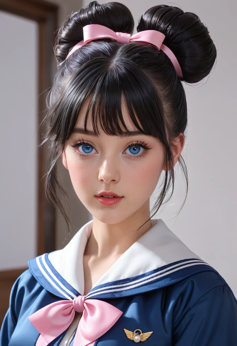 masterpiece,best quality,20 year old,1girl,bangs,expose breast,no bra,black_hair,blue_eyes,blue_jacket,blue_ribbon,blush,bow,double_bun,hair_bun,hair_ornament,hairclip,jacket,long_sleeves,looking_at_viewer,open_clothes,open_jacket,parted_lips,ribbon,sailor_collar,shirt,side_bun,school_background,solo,upper_body,school_background,rating:safe,incredibly absurdres, ultra detailed, high resolution, realistic lighting, photorealism, hyperrealism,masterpiece,vibrant colors,stunning visuals,ultra skin texsture,stable diffusion,perfect anatomy,crazy details