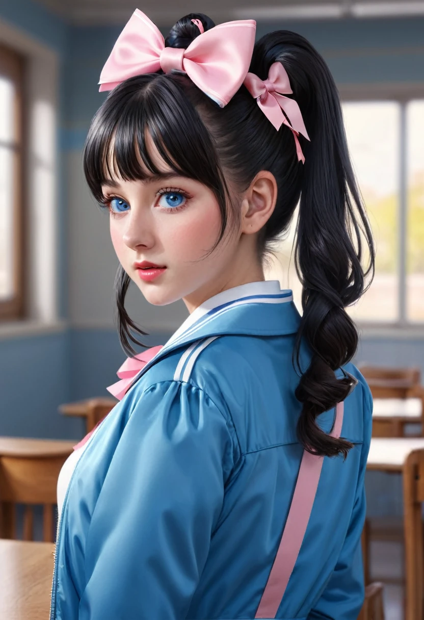 masterpiece,best quality,20 year old,1girl,bangs,expose breast,no bra,black_hair,blue_eyes,blue_jacket,blue_ribbon,blush,bow,double_bun,hair_bun,hair_ornament,hairclip,jacket,long_sleeves,looking_at_viewer,open_clothes,open_jacket,parted_lips,ribbon,sailor_collar,shirt,side_bun,school_background,solo,upper_body,school_background,rating:safe,incredibly absurdres, ultra detailed, high resolution, realistic lighting, photorealism, hyperrealism,masterpiece,vibrant colors,stunning visuals,ultra skin texsture,stable diffusion,perfect anatomy,crazy details