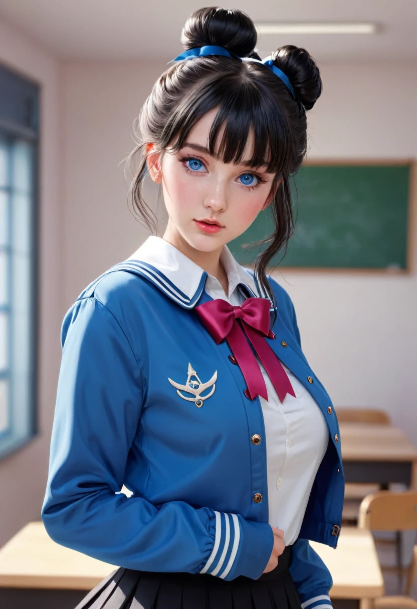 masterpiece,best quality,20 year old,1girl,bangs,expose breast,no bra,black_hair,blue_eyes,blue_jacket,blue_ribbon,blush,bow,double_bun,hair_bun,hair_ornament,hairclip,jacket,long_sleeves,looking_at_viewer,open_clothes,open_jacket,parted_lips,ribbon,sailor_collar,shirt,side_bun,school_background,solo,upper_body,school_background,rating:safe,incredibly absurdres, ultra detailed, high resolution, realistic lighting, photorealism, hyperrealism,masterpiece,vibrant colors,stunning visuals,ultra skin texsture,stable diffusion,perfect anatomy,crazy details