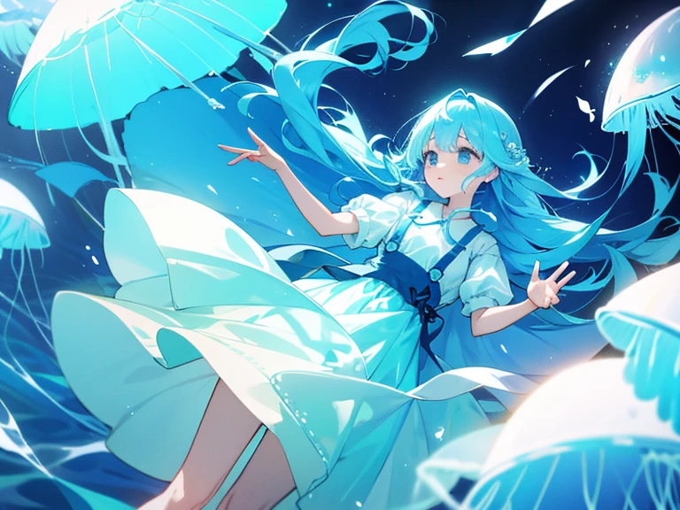 In the sea、Girl floating with jellyfish。fluffy。The overall color is light blue。