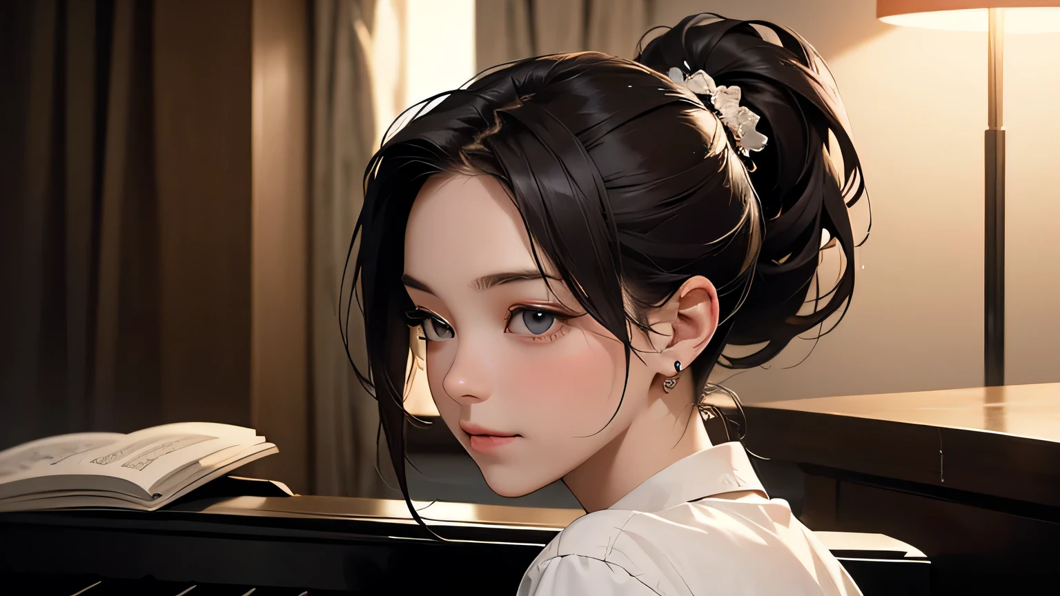 1 girl, Top Quality, Masterpiece, Ultra High Resolution, (Photorealistic:1.4), RAW Photo, 1 girl,20 years old, Hairstyle ponytail She invites the writer to a concert where she will perform as a solo pianist. .Pulling the piano, he accepts with enthusiasm and, between the notes of his music, discovers new sides. The intensity of his performance reveals emotions that until now were only glimpsed in fleeting conversations. .. After the concert, they walk together through the wet streets of the city, sharing their dreams and hopes under the light of the street lamps. They realize that they have found something in each other that is more than just dating, something that awakens in them the desire to build a future together, full of music, words and, above all, love. As their bond grows stronger, the writer finds in the pianist the muse he has been looking for. Every smile shared, every intelligent look, becomes the inspiration for a new story.