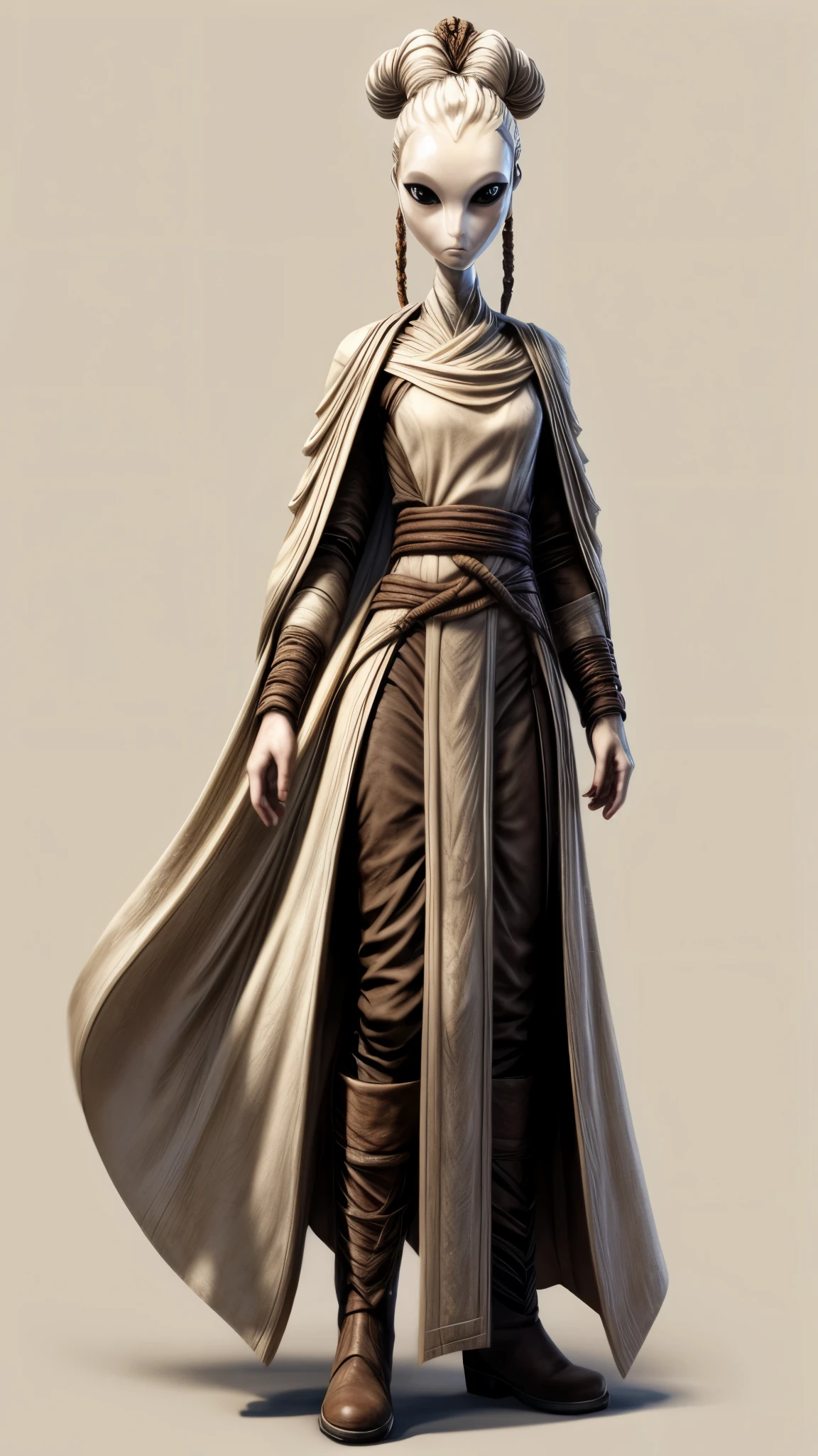 (best quality, vibrant colors, shiny bright art), A pale skin female humanoid, average face, (ivory white skin: 1.3). full body: 1.5, character concept art, Fantasy setting.  twine strings hair, star wars hairstyle, twisted buns, ivory white (same color of her skin). Very pale white skin, smooth skin. tall, long limbs, slender, skinny. hyper detailed face, grey alien black eyes, big eyes, bony face, very elongated forehead, thin chin, very small nose and mouth, noseless nostrils, no eyebrows, no ears, no lips. neutral kind expression. extra fingers in hand. wearing jedi clothes, sepia colored, brown boots, clear light colors. (game art detailed), (splash art) (clear concept art). blank background, white background.