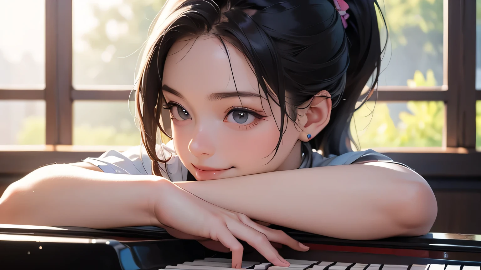 1 girl, best quality, masterpiece, super high resolution, (photorealistic:1.4), RAW photo, 1 girl, 20 years old, hairstyle ponytail She invites the writer to a concert where she will perform as a solo pianist. .Playing the piano, smiling, playing happily.