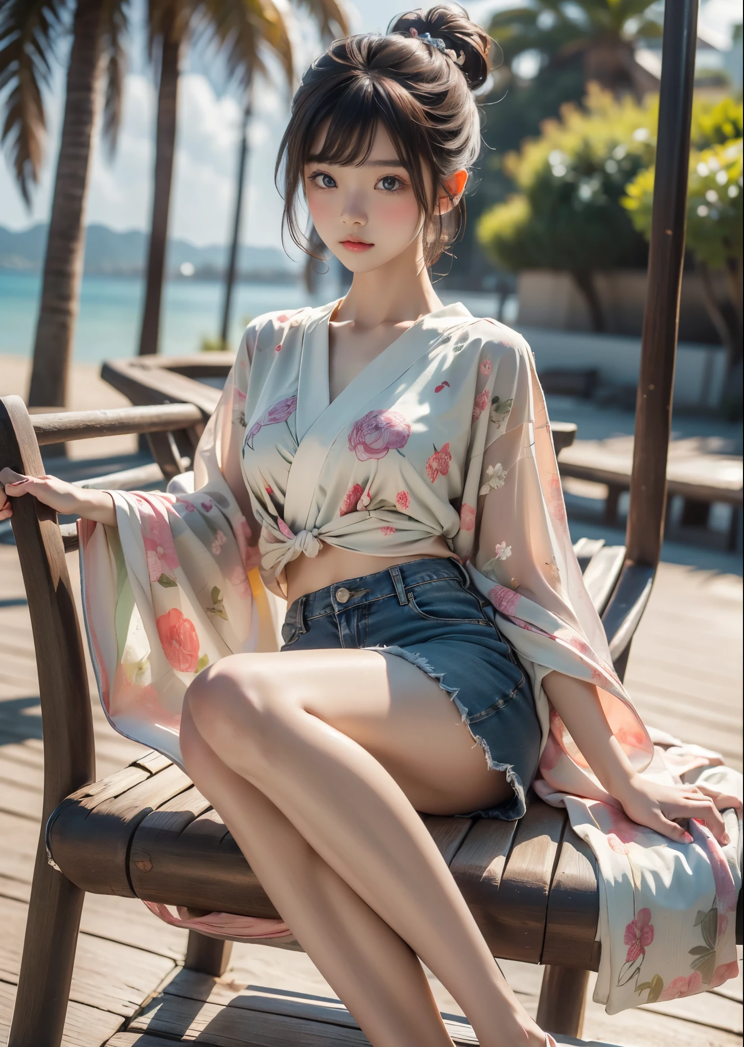 (masterpiece, highest quality, highest quality, Official Art, beautifully、aesthetic:1.2)、 (1 beautiful Japanese girl)、In a palm tree hammock、(Pink and green floral shirt)、Denim shorts、Big brown eyes、Beautiful skin、Beautiful legs、(Updo with bangs)、Very detailed, On the Beach、Cinematic lighting、Sharp focus、High resolution、High resolution、High color rendering、High resolution、Super realistic、