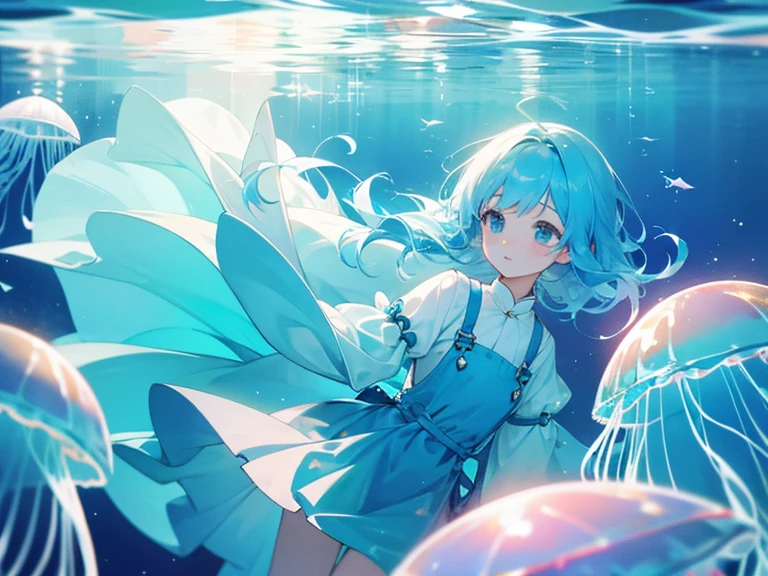 In the sea、Girl floating with jellyfish。fluffy。The overall color is light blue。