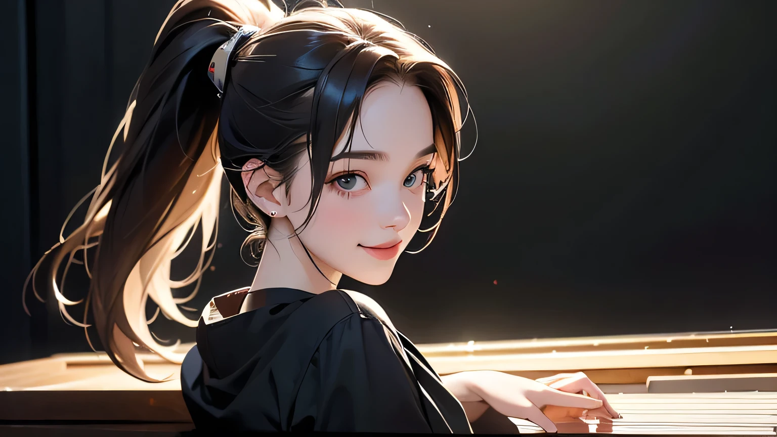 1 girl, best quality, masterpiece, super high resolution, (photorealistic:1.4), RAW photo, 1 girl, 20 years old, hairstyle ponytail She invites the writer to a concert where she will perform as a solo pianist. .Playing the piano, smiling, playing happily.