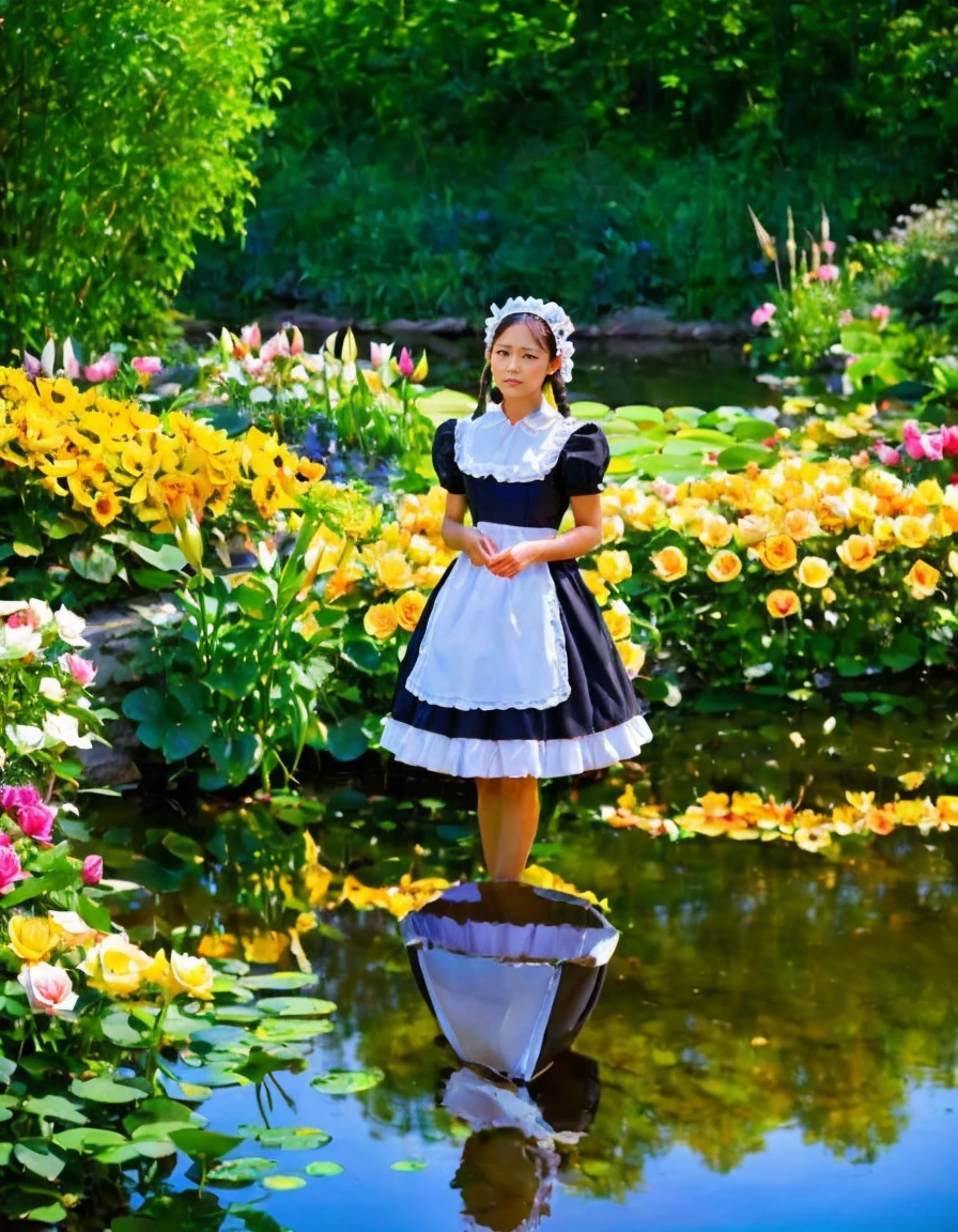 in the garden, A girl in a maid costume standing by the pond. She stared at the water, Be mesmerized by the colorful reflections of the delicate flowers on its surface. Bright flowers blooming in the garden, Including roses, lily, and sunflower, Create picturesque scenes. Beautiful details of the girl&#39;s eyes, Long eyelashes make her look more charming. Her lips are also very delicate, Adds to the overall charm and elegance of her appearance. The sun gently illuminates her face, Casts soft shadows，Gives her skin a realistic glow. The wind blows through the trees, Leaves flying in the air, Create a sense of movement and dynamism. This painting is in the style of Claude Monet, Capture the play of light and color with dreamy brushstrokes. Bright colors, Evoke a feeling of joy and tranquility. Best overall image quality, With ultra-fine elements，Allowing viewers to appreciate every intricate detail. The scene is bathed in warm tones, Slightly golden hue，Add a touch of nostalgia. The lighting is natural and soft, Cast soft shadows，Highlight the texture of the garden and the girl&#39;s clothing. The end result is a work of art, A stunning re-creation of the beauty of nature and the timeless charm of Impressionism.ezh