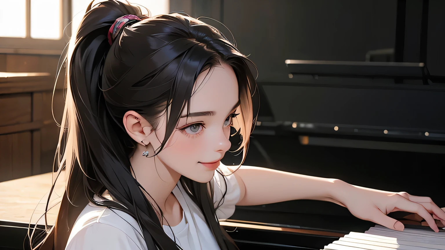 1 girl, best quality, masterpiece, super high resolution, (photorealistic:1.4), RAW photo, 1 girl, 20 years old, hairstyle ponytail She invites the writer to a concert where she will perform as a solo pianist. .Playing the piano, smiling, playing happily.