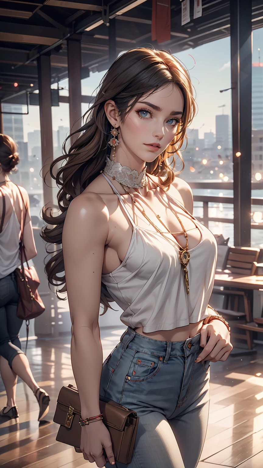 (8K, RAW Photos, highest quality, masterpiece:1.2), (Realistic, photo-Realistic:1.37)、Earrings, eyelash, pantyhose、セクシーな刺激的なsmile、 (Shiny skin:1.05)、Venus Body、Having her hair done、My chest is popping out、Wear accessories on your wrist、Wearing accessories on the ankle、Background blur((depth of field)、smile、23 year old white female、Brunette、blue eyes、Sheer high neck/halter neck((high neck halter neck))Wear tops、Navel visible、Wear sheer, low-rise skinny jeans、Have a clutch bag、Skyscraper background、Asymmetrical hairstyles((asymmetrical hair))、Chest pop、Lower milk visible、Navel visible、垂れ方がRealistic乳房
