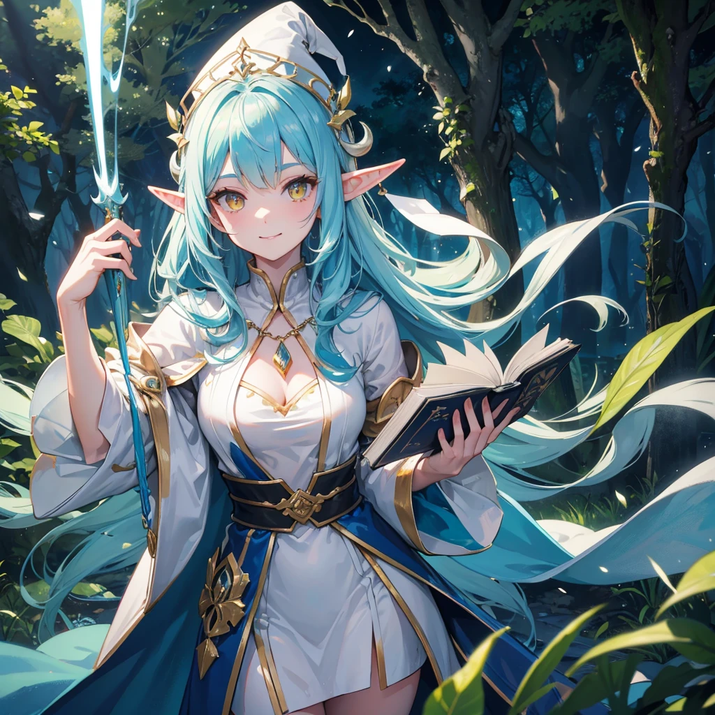 A sexy girl half elf wizard, White wizard robe, wizard hat, yellow eyes, bright blue hair colour, book in hand, dark forest background,8k, masterpiece, best quality, highly detailed, one girl, half-elf, solo, long straight hair, wearing necklace, gorgeous, friendly, smile,sexy, close ups view, rings, looking at viewer, alone,