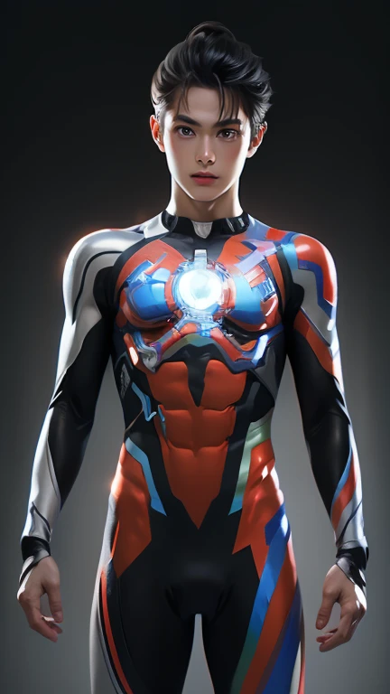 Ultraman, realistic, realistic, movie lights, young man in shiny red and silver suit, 15 years old, professional photo, skin exposed, Japanese model, Japanese CGI, sexy Ultraman suit, Power Rangers set, tight thin cyber suit, with elastic all over, delicate body, small butt, muscle, abs, lewd mark, groin tattoo, thin waist, exposed belly cyber suit on both sides skin tight, slanted eyes, sharp gaze, ponytail hair, facing forward, standing facing forward, glowing sphere embedded in chest, essay exam, blue sky background, Young beautiful boy, young handsome boy, Ultraman Boy personification, Ultraman-colored latex, Ultraman-colored rubber bodysuit, Ultraman color suit, Ultraman body suit, muscles, abs, mask off Ultraman Boy, Ultraman Boy without mask, Ultraman Boy suit, Ultraman Boy cosplay, Ultraman Boy costume, 15 year old boy's body, Ultraman Boy with face exposed, Ultraman without mask Boy, Ultraman without mask, medium-length hair, ponytail hair, color timer on chest, energy drain on chest, Ultraman Boy, boy's face, young boy with long hair, Ultraman Boy cosplayer, exposed face, 13 to 15 years old Boy, young boy's face, high definition, highest quality, best masterpiece, highest clarity, highest resolution, 8K, 16K, 32K, CG art, highest detail, Full body shot, full body view, Belly-baring Ultraman-colored bodysuit, belly-baring Ultraman-colored bodysuit, revealing bodysuit, lewd mark, crotch tattoo, abdominal muscle openwork bodysuit, abdominal muscle visible bodysuit,