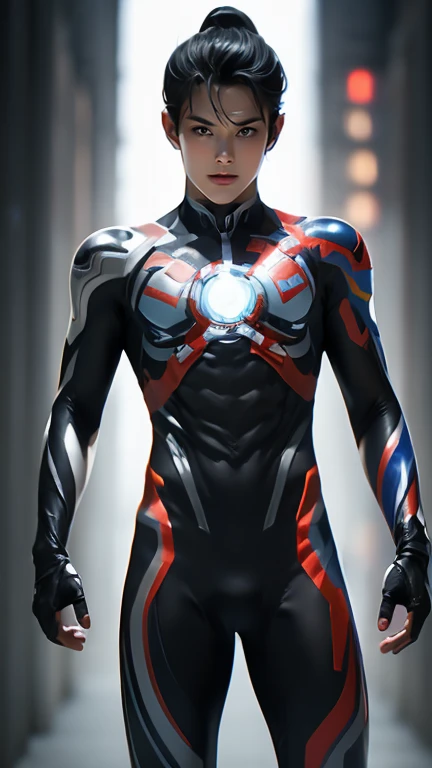 Ultraman, realistic, realistic, movie lights, young man in shiny red and silver suit, , professional photo, skin exposed, Japanese model, Japanese CGI, sexy Ultraman suit, Power Rangers set, tight thin cyber suit, with elastic all over, delicate body, small butt, muscle, abs, lewd mark, groin tattoo, thin waist, exposed belly cyber suit on both sides skin tight, slanted eyes, sharp gaze, ponytail hair, facing forward, standing facing forward, glowing sphere embedded in chest, essay exam, blue sky background, Young beautiful boy, young handsome boy, Ultraman Boy personification, Ultraman-colored latex, Ultraman-colored rubber bodysuit, Ultraman color suit, Ultraman body suit, muscles, abs, mask off Ultraman Boy, Ultraman Boy without mask, Ultraman Boy suit, Ultraman Boy cosplay, Ultraman Boy costume, 15 year old  Ultraman Boy with face exposed, Ultraman without mask Boy, Ultraman without mask, medium-length hair, ponytail hair, color timer on chest, energy drain on chest, Ultraman Boy, boy's face, young boy with long hair, Ultraman Boy cosplayer, exposed face, 13 to 15 years old Boy, high definition, highest quality, best masterpiece, highest clarity, highest resolution, 8K, 16K, 32K, CG art, highest detail, Full body shot, full body view, Belly-baring Ultraman-colored bodysuit, belly-baring Ultraman-colored bodysuit, revealing bodysuit, lewd mark, crotch tattoo, abdominal muscle openwork bodysuit, abdominal muscle visible bodysuit,