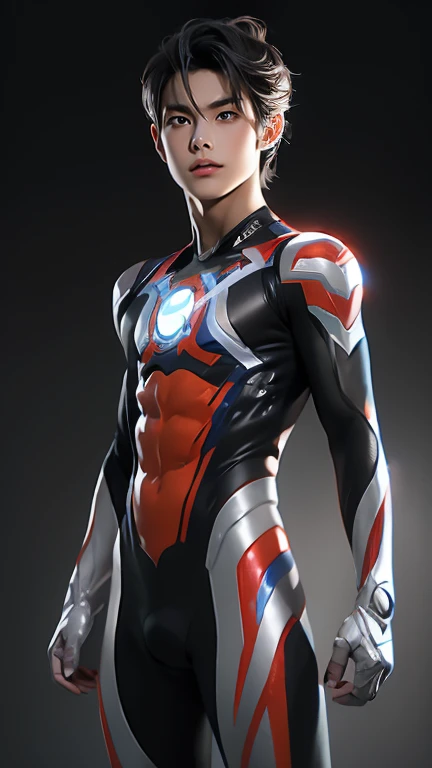 Ultraman, realistic, realistic, movie lights, young man in shiny red and silver suit, 15 years old, professional photo, skin exposed, Japanese model, Japanese CGI, sexy Ultraman suit, Power Rangers set, tight thin cyber suit, with elastic all over, delicate body, small butt, muscle, abs, lewd mark, groin tattoo, thin waist, exposed belly cyber suit on both sides skin tight, slanted eyes, sharp gaze, ponytail hair, facing forward, standing facing forward, glowing sphere embedded in chest, essay exam, blue sky background, Young beautiful boy, young handsome boy, Ultraman Boy personification, Ultraman-colored latex, Ultraman-colored rubber bodysuit, Ultraman color suit, Ultraman body suit, muscles, abs, mask off Ultraman Boy, Ultraman Boy without mask, Ultraman Boy suit, Ultraman Boy cosplay, Ultraman Boy costume, 15 year old boy's body, Ultraman Boy with face exposed, Ultraman without mask Boy, Ultraman without mask, medium-length hair, ponytail hair, color timer on chest, energy drain on chest, Ultraman Boy, boy's face, young boy with long hair, Ultraman Boy cosplayer, exposed face, 13 to 15 years old Boy, young boy's face, high definition, highest quality, best masterpiece, highest clarity, highest resolution, 8K, 16K, 32K, CG art, highest detail, Full body shot, full body view, Belly-baring Ultraman-colored bodysuit, belly-baring Ultraman-colored bodysuit, revealing bodysuit, lewd mark, crotch tattoo, abdominal muscle openwork bodysuit, abdominal muscle visible bodysuit,