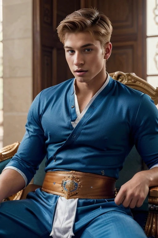 ((best quality)), ((masterpiece)), (detailed), perfect face, attractive man, muscular, 20 years old, short blonde hair, cute jock, close-up, prince, full body, sitting on a throne, confident aura, wearing expensive royal robes, blue pants