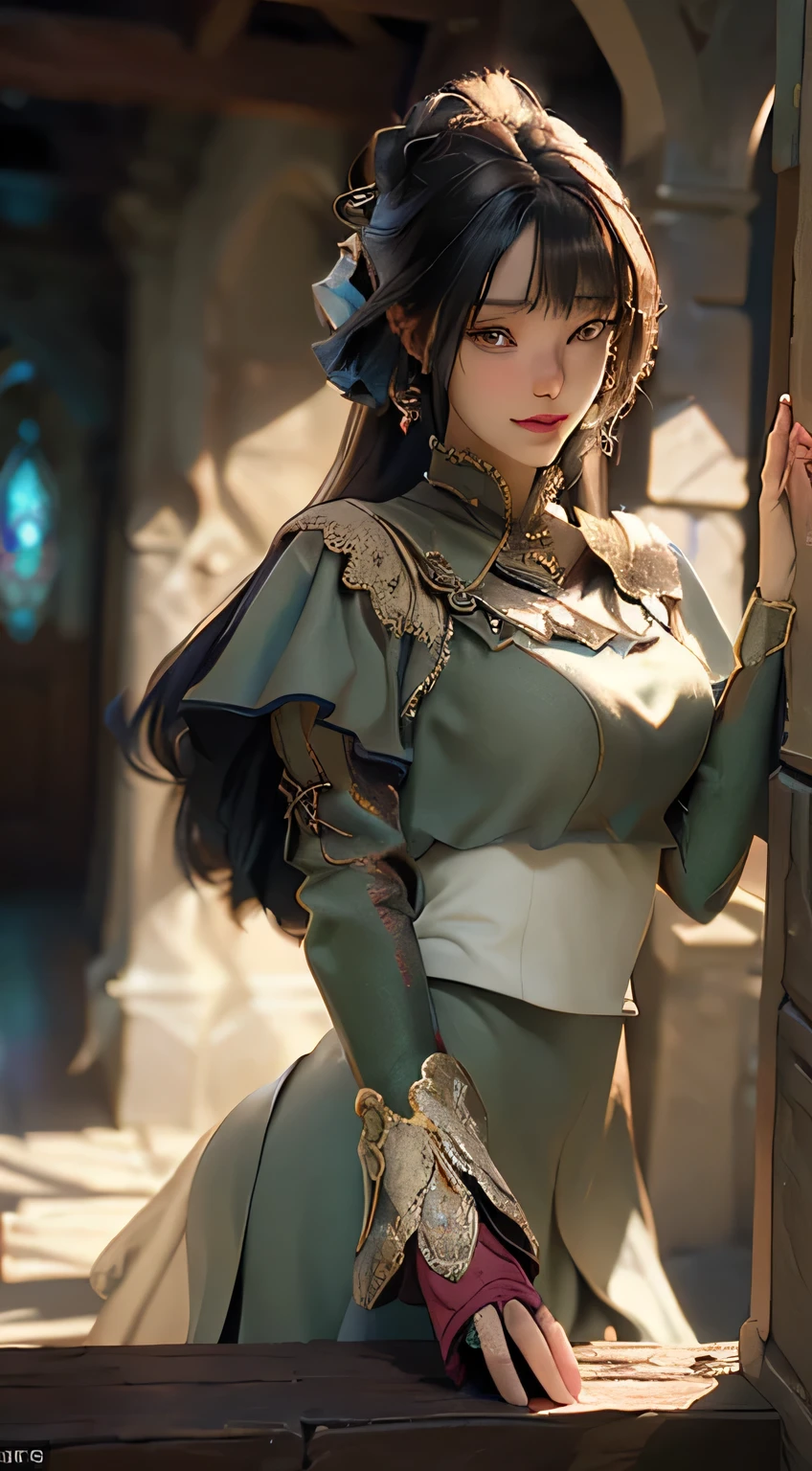 ((Best quality)), ((masterpiece)), (detailed:1.4), 3D, an image of a beautiful female characters standing in madivel period background destruction of mention,HDR (High Dynamic Range),Ray Tracing,NVIDIA RTX,Super-Resolution,Unreal 5,Subsurface scattering,PBR Texturing,Post-processing,Anisotropic Filtering,Depth-of-field,Maximum clarity and sharpness,Multi-layered textures,Albedo and Specular maps,Surface shading,Accurate simulation of light-material interaction,Perfect proportions,Octane Render,Two-tone lighting,Wide aperture,Low ISO,White balance,Rule of thirds,8K RAW,