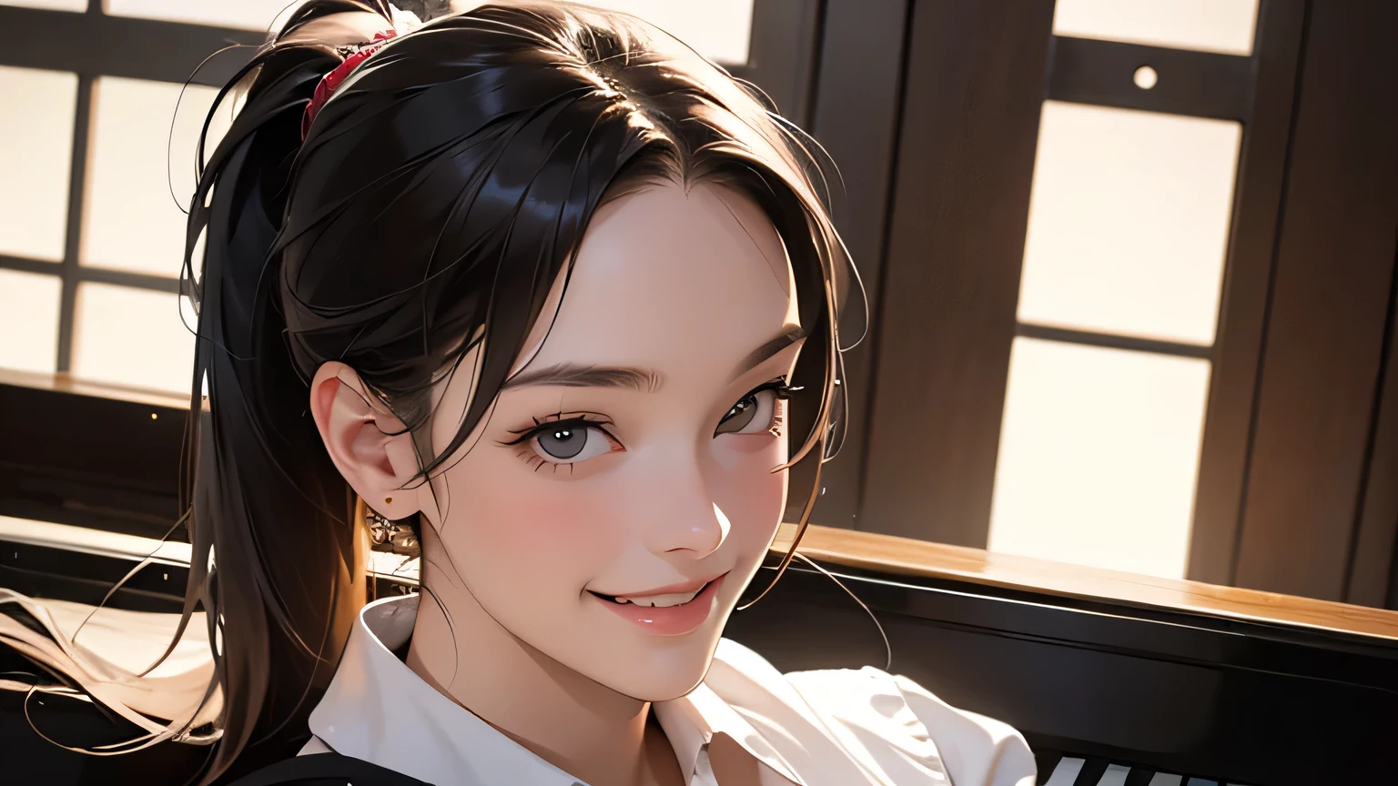 1 girl, best quality, masterpiece, super high resolution, (realistic:1.4), RAW photo, 1 girl, 20 years old, hairstyle ponytail She plays as a solo pianist. .Playing piano, smiling, playing happily, playing piano
