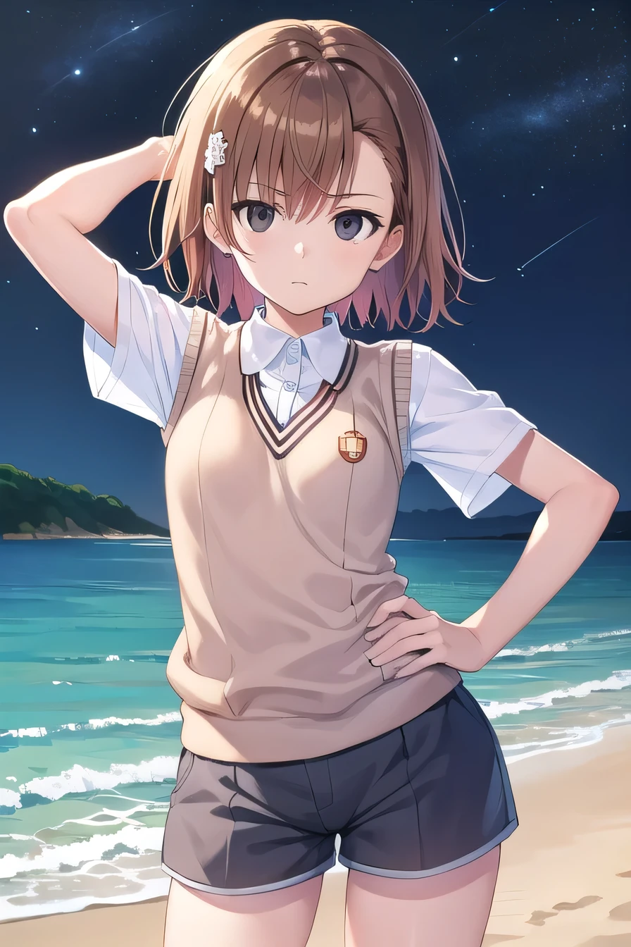 short hair, brown hair, black eyes, empty eyes, sweater vest, shirt, shorts, white shirt, pleated shorts, v-neck, short sleeves, tokiwadai , misaka imouto, solo, night sky, beach, arm behind head, hand on hip, contrapposto, spread armpits, closed mouth, (cowboy shot:1.5), looking at viewer, best quality,