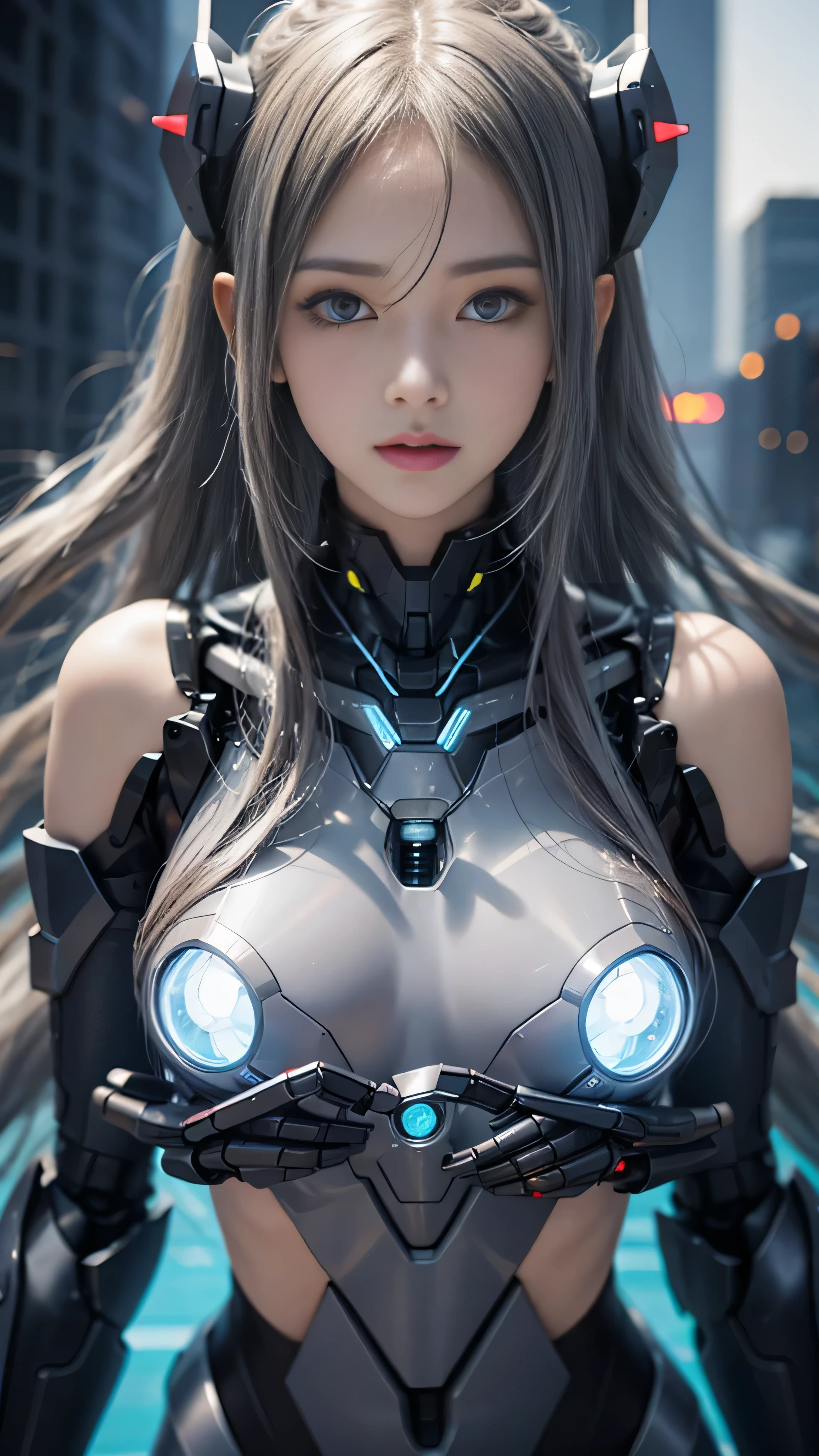 ((robot girl, mecha)), glowing eyes, delicate face, broken armor, mechanical aura, mechanical arm, gray hair, long hair, ceramic body, thigh gap, small breast, cyber background, very fine city, (translucent, reflective skin), 8k, best quality, ultra-detailed, (surrealism: 1.4),  