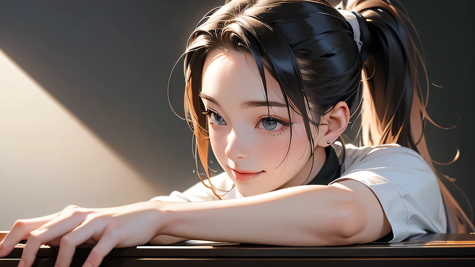 1 girl, best quality, masterpiece, super high resolution, (realistic:1.4), RAW photo, 1 girl, 20 years old, hairstyle ponytail She plays as a solo pianist. .Playing piano, smiling, playing happily, playing piano