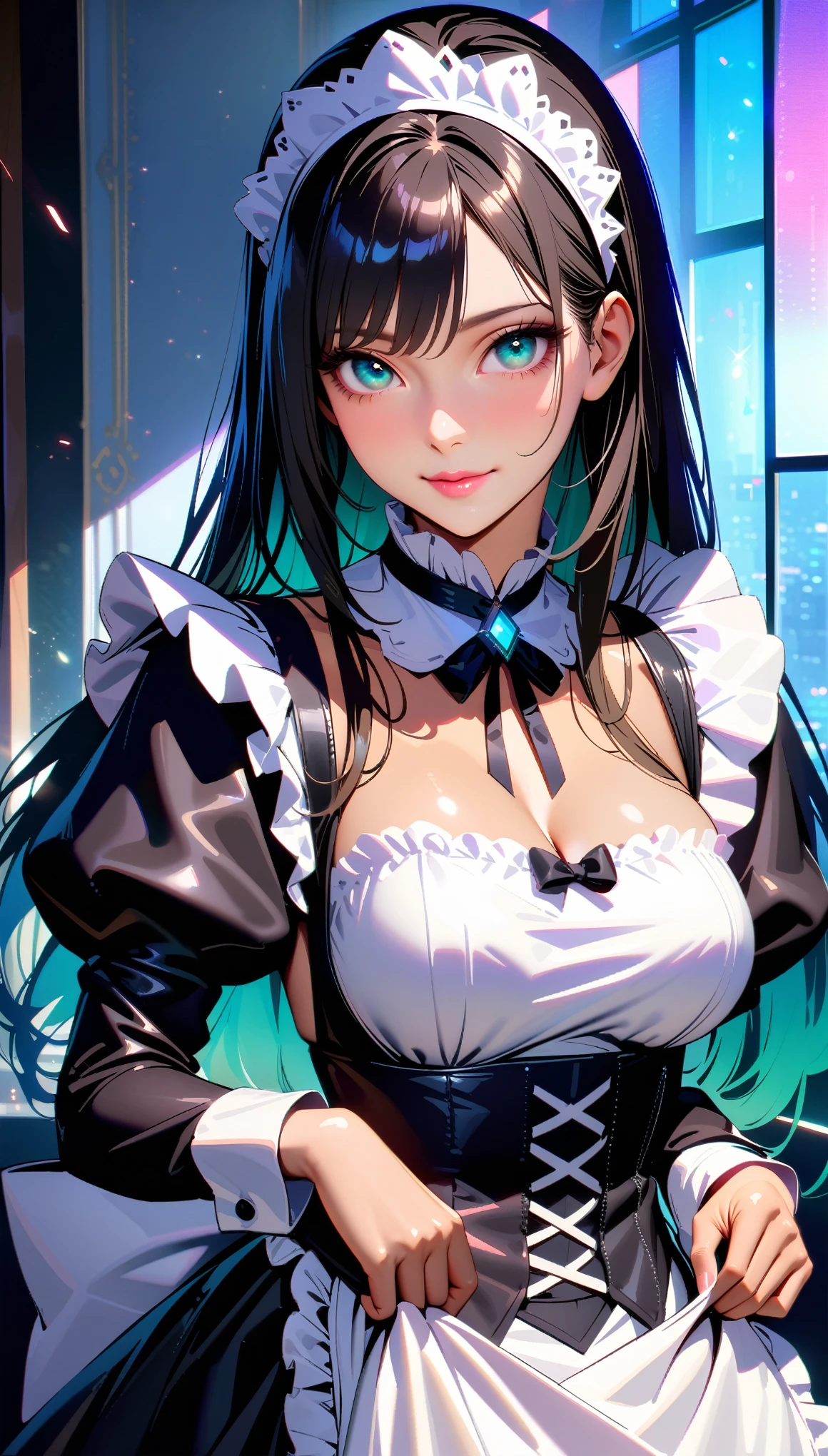 Masterpiece, Best Quality, Super Detailed, High Definition, Expensive Resolution, HDR, Masterpiece, Realistic, Depth, Fine Texture, Super Fine, Complete concentration, (very beautiful anime woman), perfect face, (A beautiful mature black woman in maid costume, (full details maid costume, Pleated skirt), (aqua eyes), light smile, pink lips, mascara, Long eyelashes, eyeliner, tanned body, narrow waist, straight hair, very long hair, gradient hair, shiny hair, Extremely detailed realistic clothing, (white and black colour schemes), luxury living room, charming, gentle demeanor, elegant posture, studio lighting, bright colors, intricate details, volumetric lighting, iridescent colors, glowing lighting, atmospheric lighting, lens flare, Cinematic light, colorful light, particles,