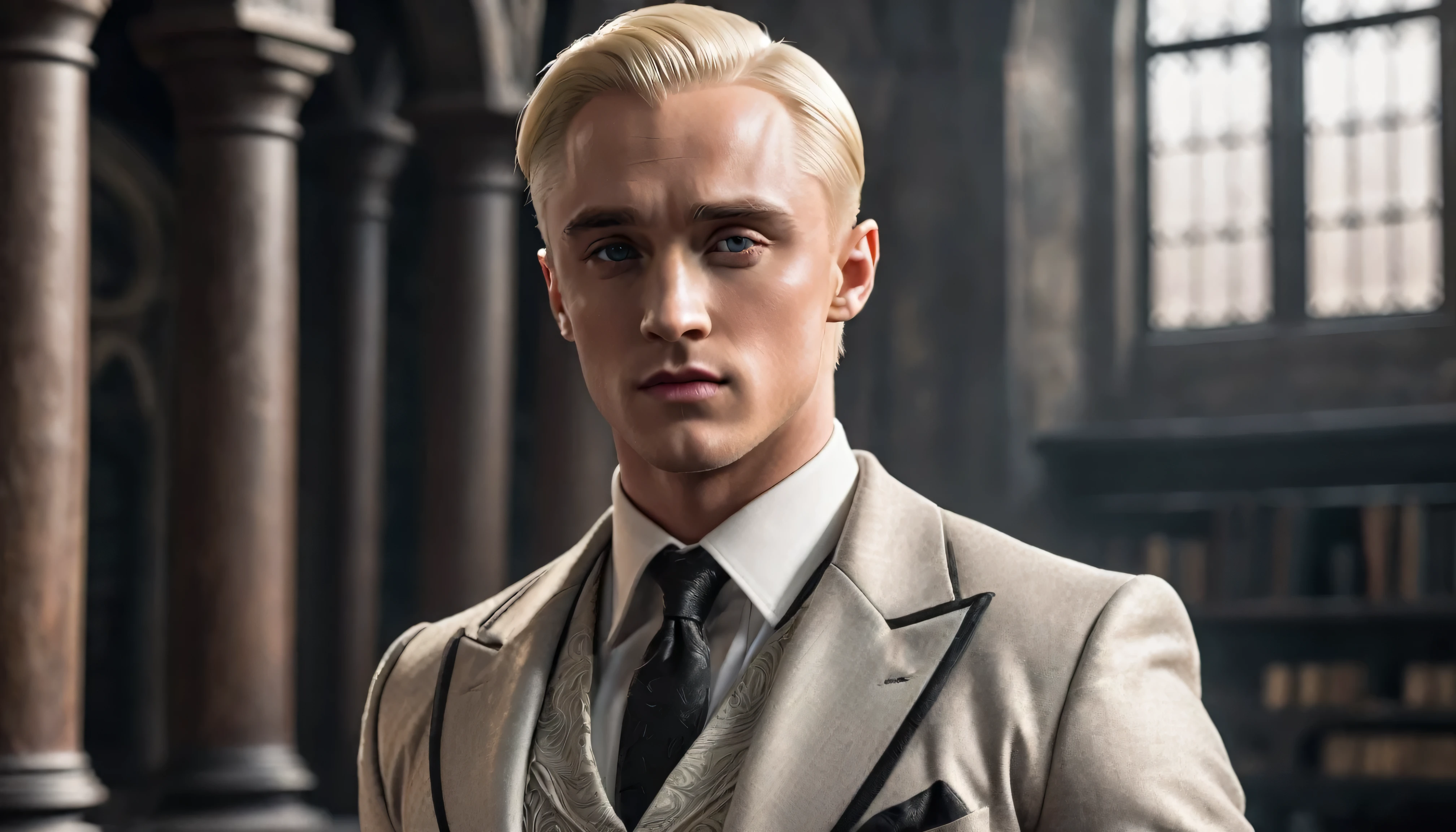 Very Handsome Draco Malfoy with a really big chiseled jawline and very big muscled Muscles is looking straight with sigma look inside his magic academy, Ultra realistic, He is wearing a very fashionable clothes, he is posing for a photoshoot
