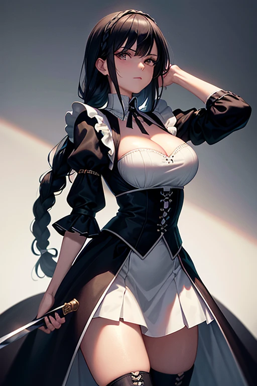 masterpiece, top quality, high resolution, cowboy shot, front view: 1.0, assassin, looking at viewer, looking away,
1woman, maturefemale: 1.5, (long, black hair), braided, beautiful face, detailed eyes hidden behind a mask,
beautiful body, toned, sleek arms, long legs in thigh-high boots,
grasp, assassin holding a dagger, hidden in a maid outfit,
maid outfit, black and white, frilled sleeves, long skirt, high boots,
loose hair, curled, a single braid,
bodice, tight-fitting, revealing cleavage,