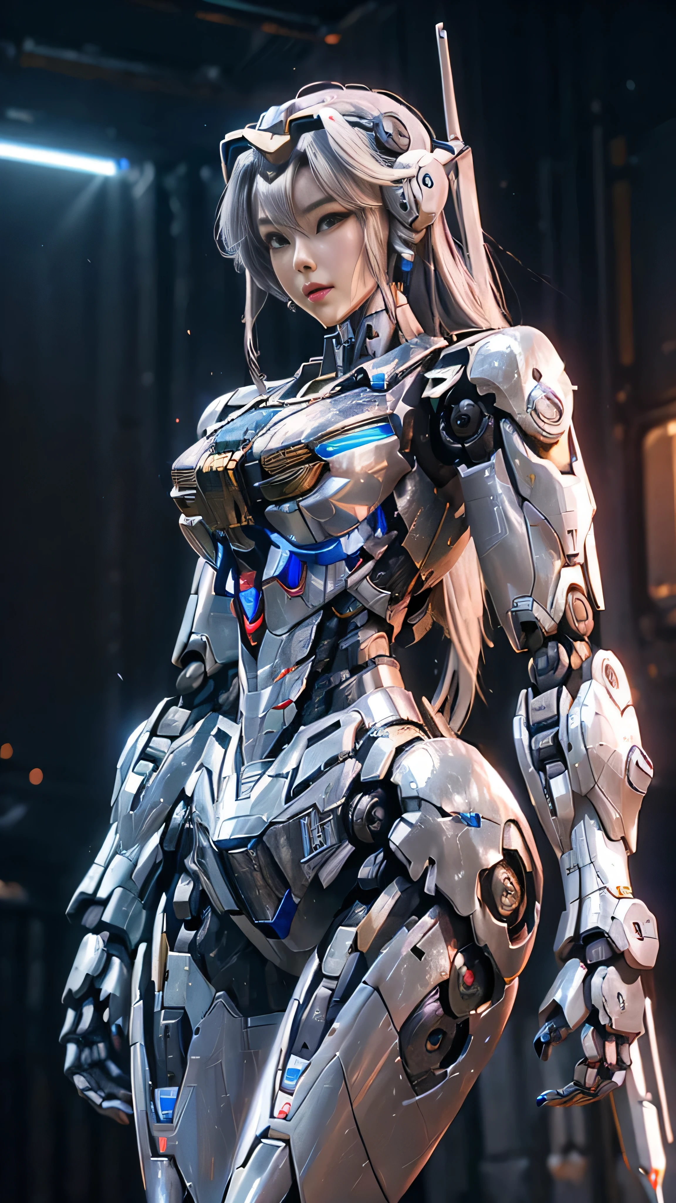 ((Robot Girl – Mecha): 1.4)
(8K, Real, Raw Photo, Best Quality: 1.4)

(1 Robot)
Glowing eyes, a signature of advanced technology, pierce through the dimly lit, cyber background. A delicate face, meticulously designed, contrasts with the mechanical aura, its features etched with precision.

Broken armor, scratches and dents evident, emphasizes the intricate mechanical details. Long, silvery-gray hair, akin to metallic threads, cascades down, swaying with each slight movement. A ceramic body, smooth and translucent, reflects the neon lights of