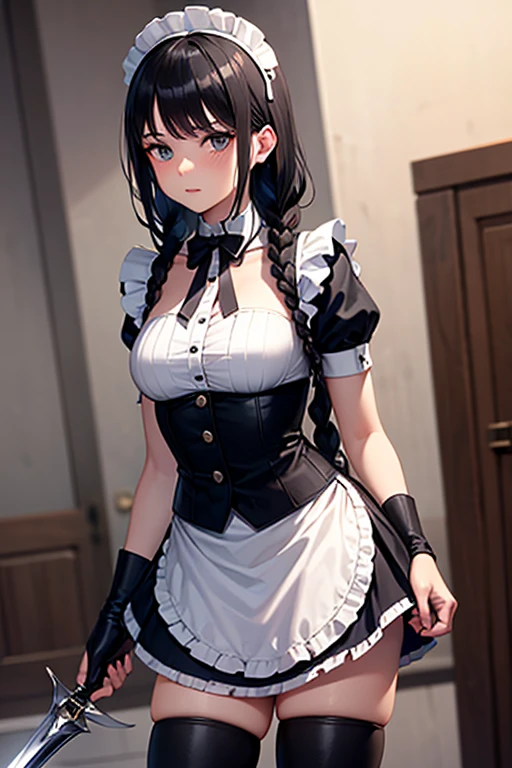 masterpiece, top quality, high resolution, cowboy shot, front view, assassin, looking at viewer, looking away,
1woman, maturefemale: 1.5, (long, black hair), braided, beautiful face, detailed eyes hidden behind a mask,
beautiful body, toned, sleek arms, long legs in thigh-high boots,
grasp, assassin holding a dagger, hidden in a maid outfit,
maid outfit, black and white, frilled sleeves, long skirt, high boots,
loose hair, curled, a single braid,
bodice, tight-fitting,