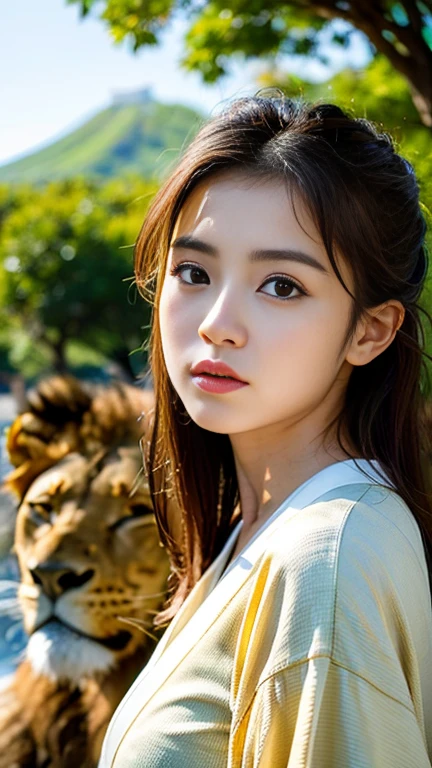 (Raw photo:1.2)、Dazzling sunlight,(highest quality:1.5),(Precision:1.5),(High resolution:1.5),(8k),(Japanese:1.7),(A beautiful girl gazing at lions:1.5),Animals gather around one girl:1.5)