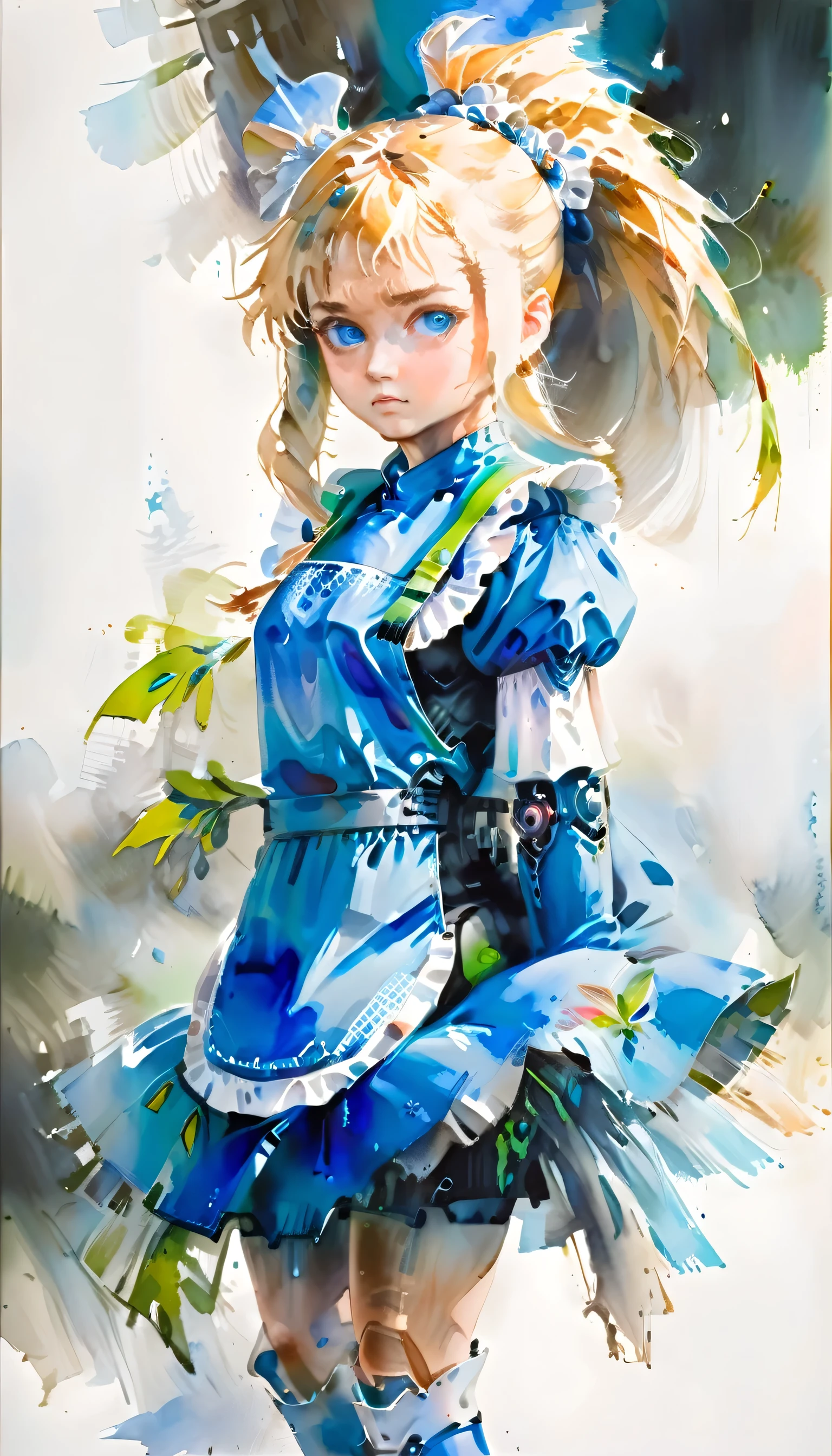 arafed, a watercolor picture of a mecha girl wearing a maid's outfit, traditional watercolor painting, blond hair, pony tail haircut, blue eyes, the outfit is mecha parts, high details, best quality, 16k, [ultra detailed], masterpiece, best quality, (ultra detailed), full body, ultra wide shot, photorealism, RAW,