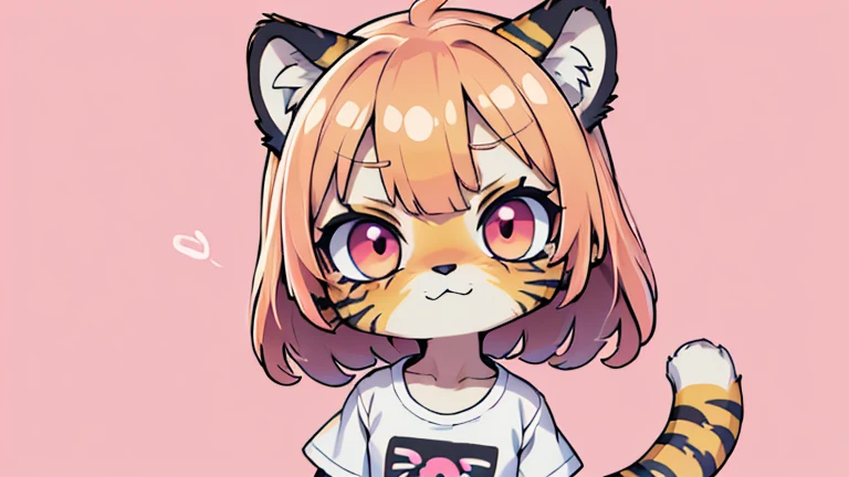 (obra maestra, Alta calidad, mejor calidad, 8K, high resolution), ((estilo chibii, Chibi lindo)), (solo, 1 girl), {Tiger Girl, cara de tigre, 2 colmillos, long eyelashes, delineador de ojos} {bigotes de tigre}, (((Piel de tigre por todo el cuerpo., Rayas de tigre en el cuerpo.))), (pelo naranja), cabello corto, Pinza para el cabello, [[Pinza para el cabello white flower on hair]], ((Muy feliz)), ((boca abierta)), ojos naranjas, [pupilas negras], ((buscando)), (very small breasts), brazos delgados, (un brazo arriba, un brazo hacia abajo), axilas, ((mini camiseta rosa, camiseta rosa completa)), {shorts blancos}, {{{mini cola de tigre, Cola en la espalda}}}, (cuerpo completo), (((de pie, jump angle))), dynamic pose, Fondo blanco, fondo sencillo, ((((Estilo Tora-chan no Hanayome)))), (old anime style 40s), estilo animado, anime color.