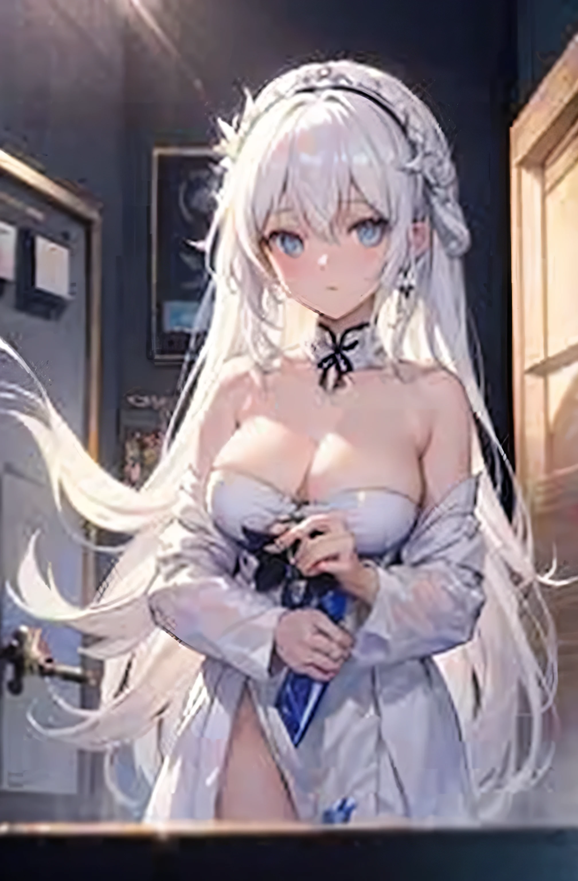 White hair anime girl,Holding a blue ball in his hand, Guvitz, White-haired god, Guweiz in Pixiv ArtStation, guweiz on artstation pixiv, anime goddess, Guvitz-style artwork, Azur route style, Attractive anime girl, Popular topics on artstation pixiv, white hair girl