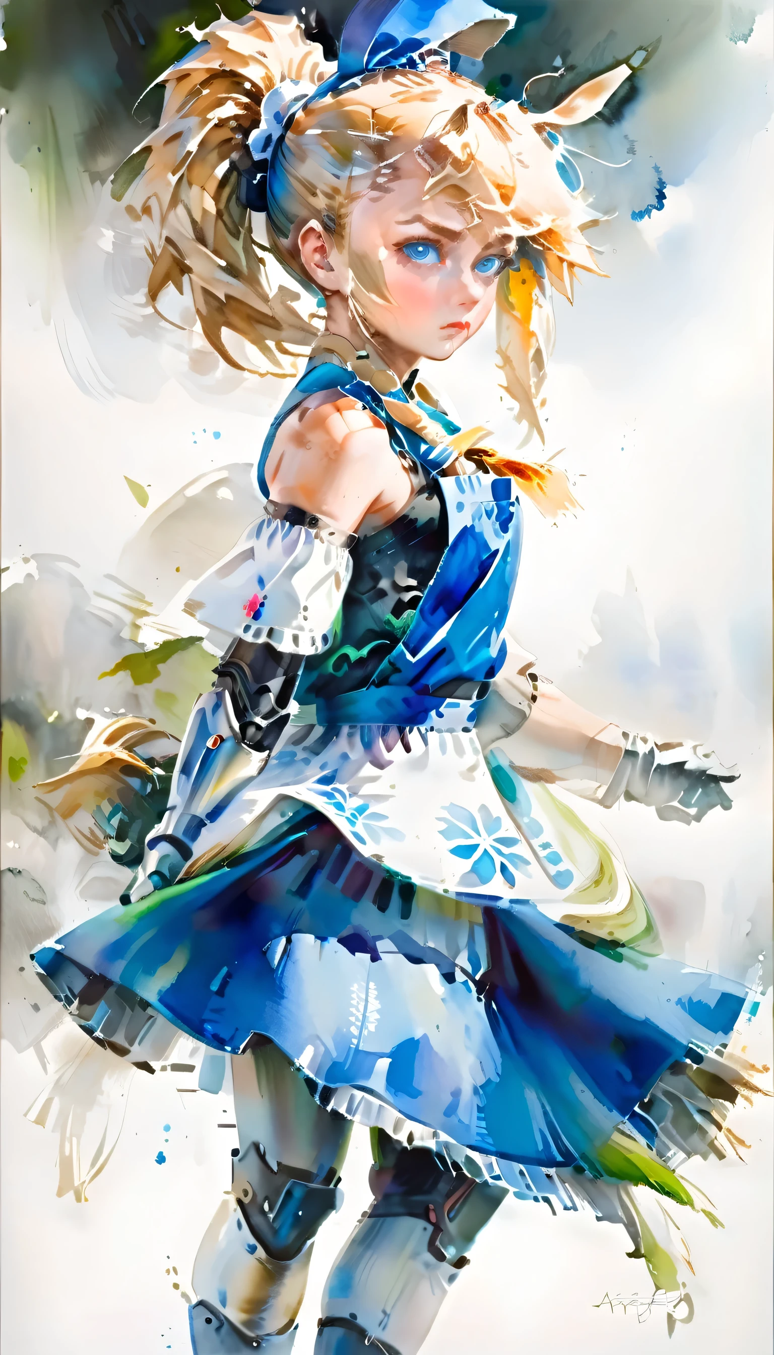 arafed, a watercolor picture of a mecha girl wearing a maid's outfit, traditional watercolor painting, blond hair, pony tail haircut, blue eyes, the outfit is mecha parts, high details, best quality, 16k, [ultra detailed], masterpiece, best quality, (ultra detailed), full body, ultra wide shot, photorealism, RAW,