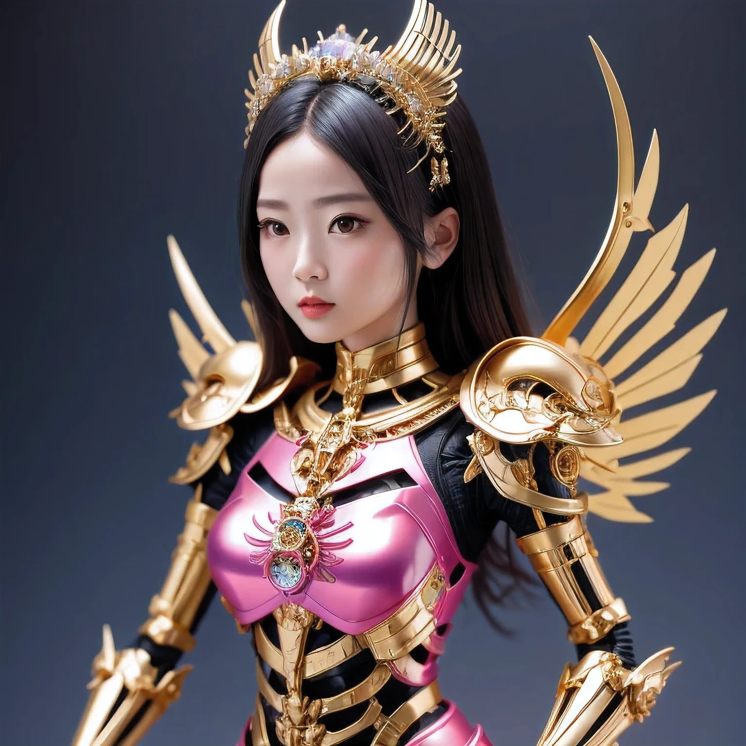 araffe skeleton in a lightpink and gold costume with wings, saint skeleton queen, lightpink demon armor, lady in lightpink armor, wearing a skeleton armor, holy cyborg necromancer girl, hone onna skeleton geisha, ( highly detailed figure ), goddess of death, masami kurumada, the other a skeletal figure, skeletal, scary queen of death，((（one female）))