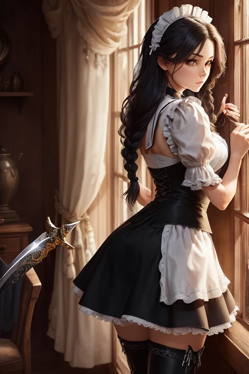 masterpiece, top quality, high resolution, cowboy shot, front view, assassin, looking at viewer, looking away,
1woman, maturefemale: 1.5, (long, black hair), braided, beautiful face, detailed eyes hidden behind a mask,
beautiful body, toned, sleek arms, long legs in thigh-high boots,
grasp, assassin holding a dagger, hidden in a maid outfit,
maid outfit, black and white, frilled sleeves, long skirt, high boots,
loose hair, curled, a single braid,
bodice, tight-fitting, 