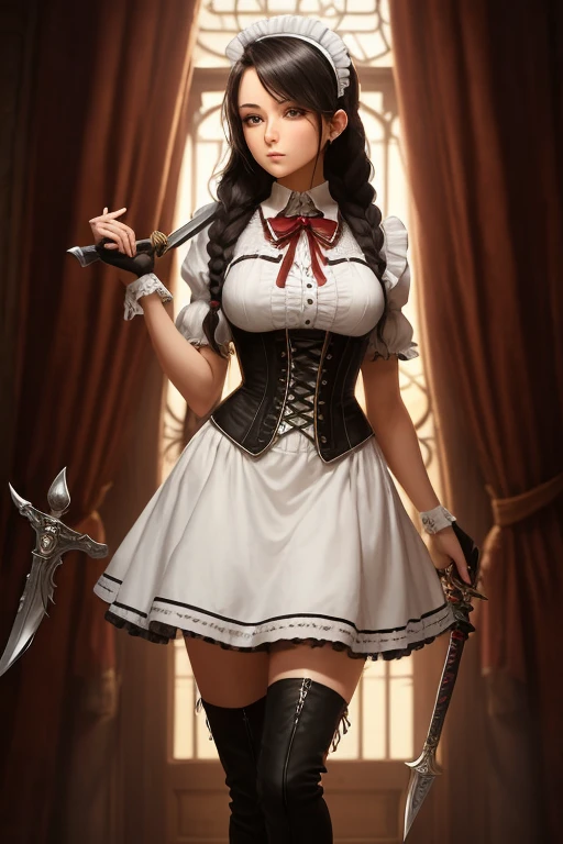 masterpiece, top quality, high resolution, cowboy shot, front view, assin, looking at viewer, looking away,
1woman, matale: 1.5, (long, black hair), braided, beautiful face, detailed eyes hidden behind a mask,
beautiful body, toned, sleek arms, long legs in thigh-high boots,
grasp, assassin ding a dagger, hidden in a maid outfit,
maid outfit, black and white, frilled sleeves, long skirt, high boots,
loose hair, curled, a single braid,
bodice, tight-fitting,