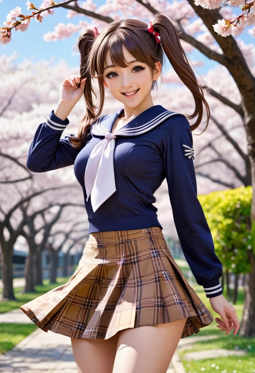 masterpiece, best quality, highres, aaerika,expose breast, no bra, long hair, twintails, hair ribbon, , serafuku, sailor collar, long sleeves, plaid skirt, brown skirt, , smile, open mouth, outdoors, cherry blossoms, standing, leaning forward, arms behind back, anime coloring, anime shading, incredibly absurdres, ultra detailed, high resolution, realistic lighting, photorealism, hyperrealism,masterpiece,vibrant colors,stunning visuals,ultra skin texsture,stable diffusion,perfect anatomy,crazy details