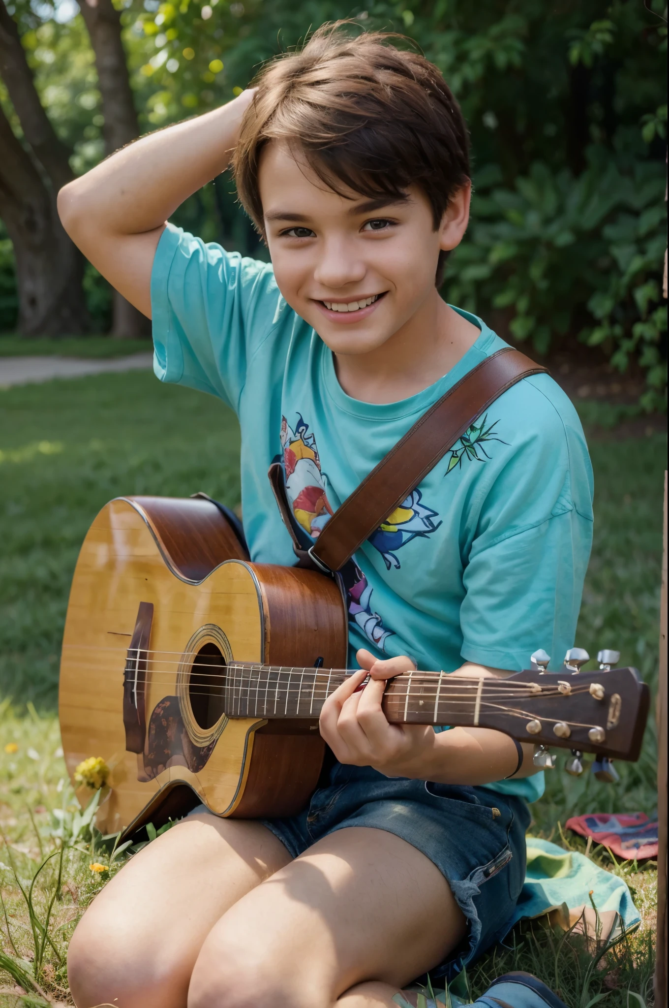 a boy holding acoustic guitar, smiling, sitting on grassy ground, cartoon style, vibrant colors, dynamic pose, beautifully detailed, (best quality,4k,8k,highres,masterpiece:1.2),ultra-detailed,(realistic,photorealistic,photo-realistic:1.37),cute,colorful,young,happy,relaxed,outdoor scene,dynamic lighting,warm tones