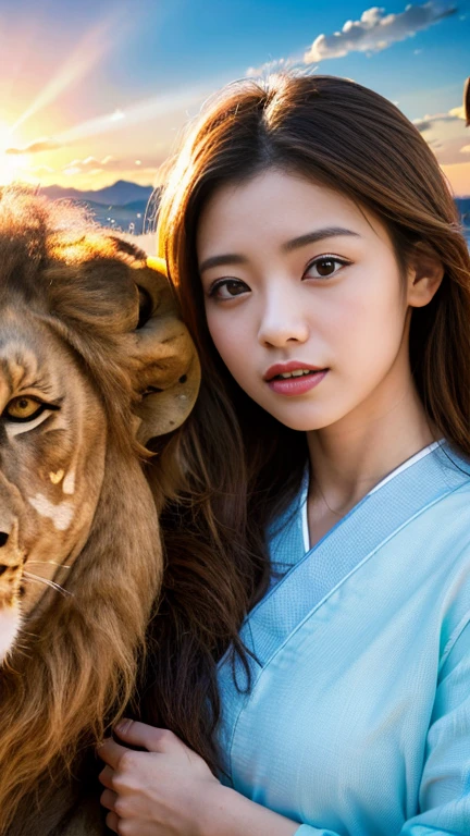 (Raw photo:1.2)、Dazzling sunlight,（highest quality:1.5）,（Precision:1.5）,(High resolution:1.5),（8k),(Japanese:1.7),(A beautiful girl gazing at lions:1.5),Animals gather around one girl:1.5)