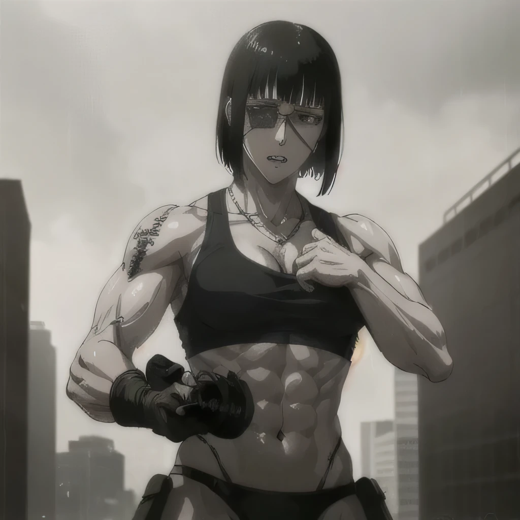 (best quality,ultra-detailed,realistic:1.37),musclaur badass girl with sculpted body with preview her musclaur body and six-pack, full review of the female character's face and body, intense expression,studio lighting, vivid colors, physiologically-based rendering, grungy texture, rugged background, dust particles in the air, commanding presence, professional, powerful, gritty aesthetics,,Valmet،short hair،tattoos on shoulders,,Shining muscles, muscle protrusion,wearing military male black underwear and black midriff tank top,necklace,training hard,dick growth inside underwear,Valmet have a dick,An erect dick inside underwear,stand fight position with her muscles and six-pack and growth dick inside underwear,training in The middle of the square,rain,raining,rainy weather, eyepatch,
