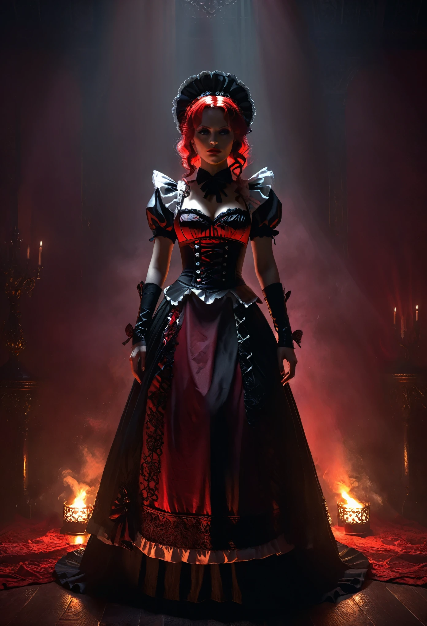 a black and red maid outfit, a hell lady, intricate and ornate dress, dramatic lighting, dark fantasy, gothic, chiaroscuro, moody atmosphere, cinematic composition, dramatic color palette, rich textures, highly detailed, 8k, photorealistic, fullbody:2